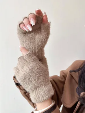 1pair Plush Half Finger Gloves - Khaki- FD ⚡