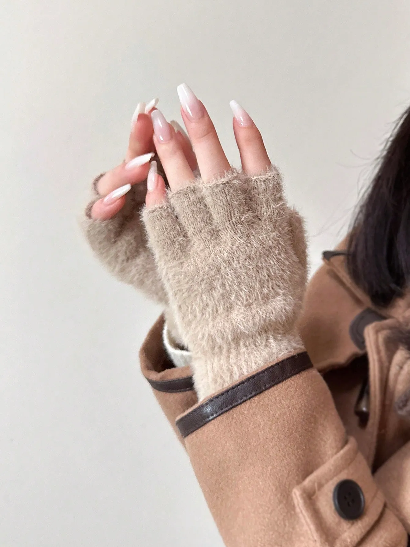 1pair Plush Half Finger Gloves - Khaki- FD ⚡