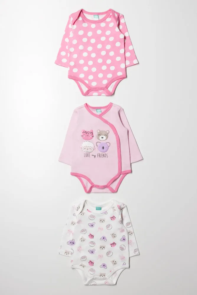 3 Pack Long Sleeve Bodyvests Pink