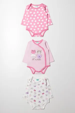 3 Pack Long Sleeve Bodyvests Pink