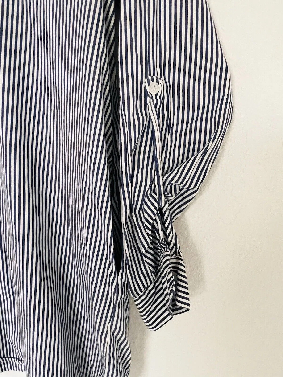 ANTHROPOLOGIE Lilis Closet Blue White Stripe Shirt Sz S Lace Back Tunic Top Boho