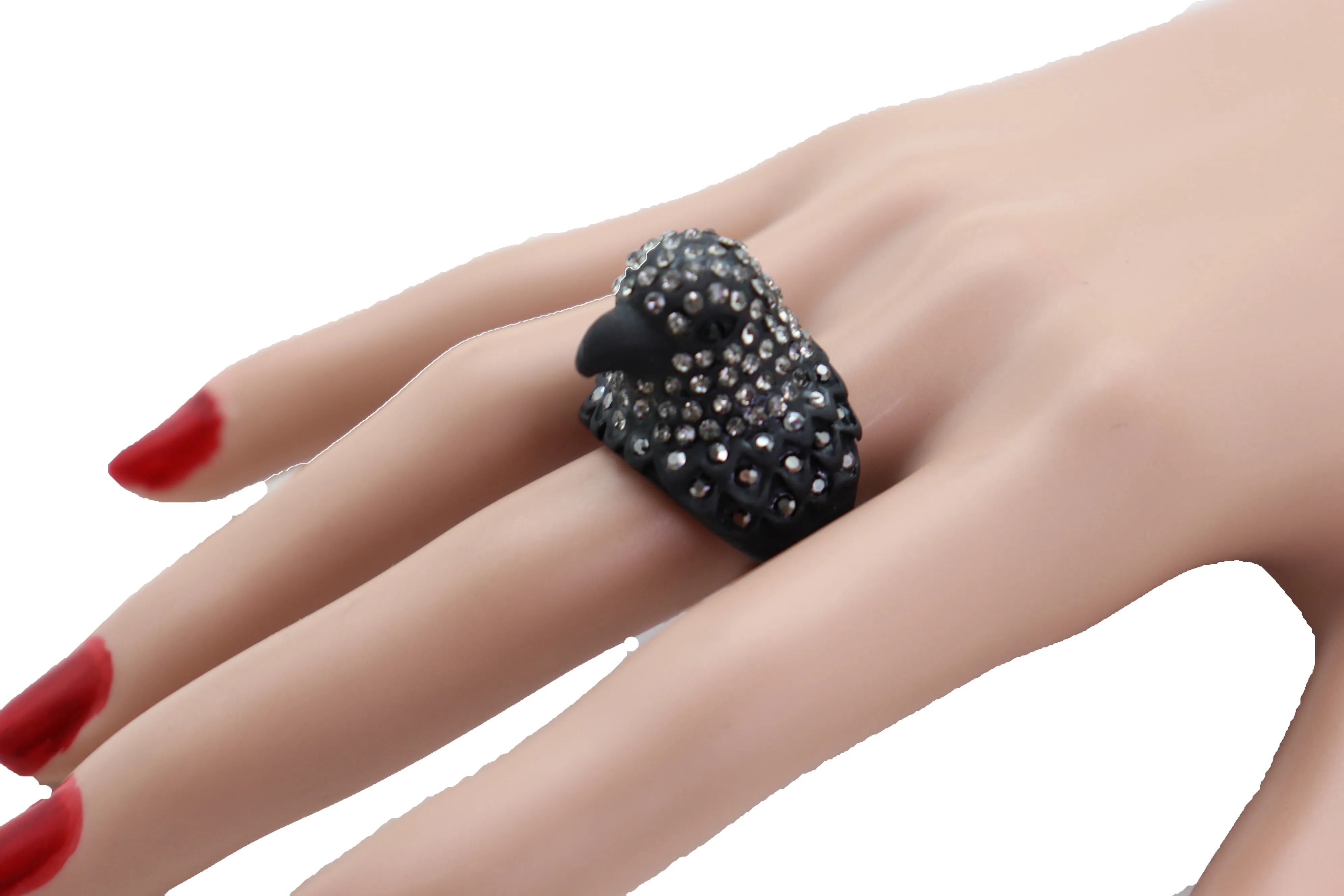 Black Color Metal Ring Bird Head Eagle Elastic Band Bling One Size Fits All