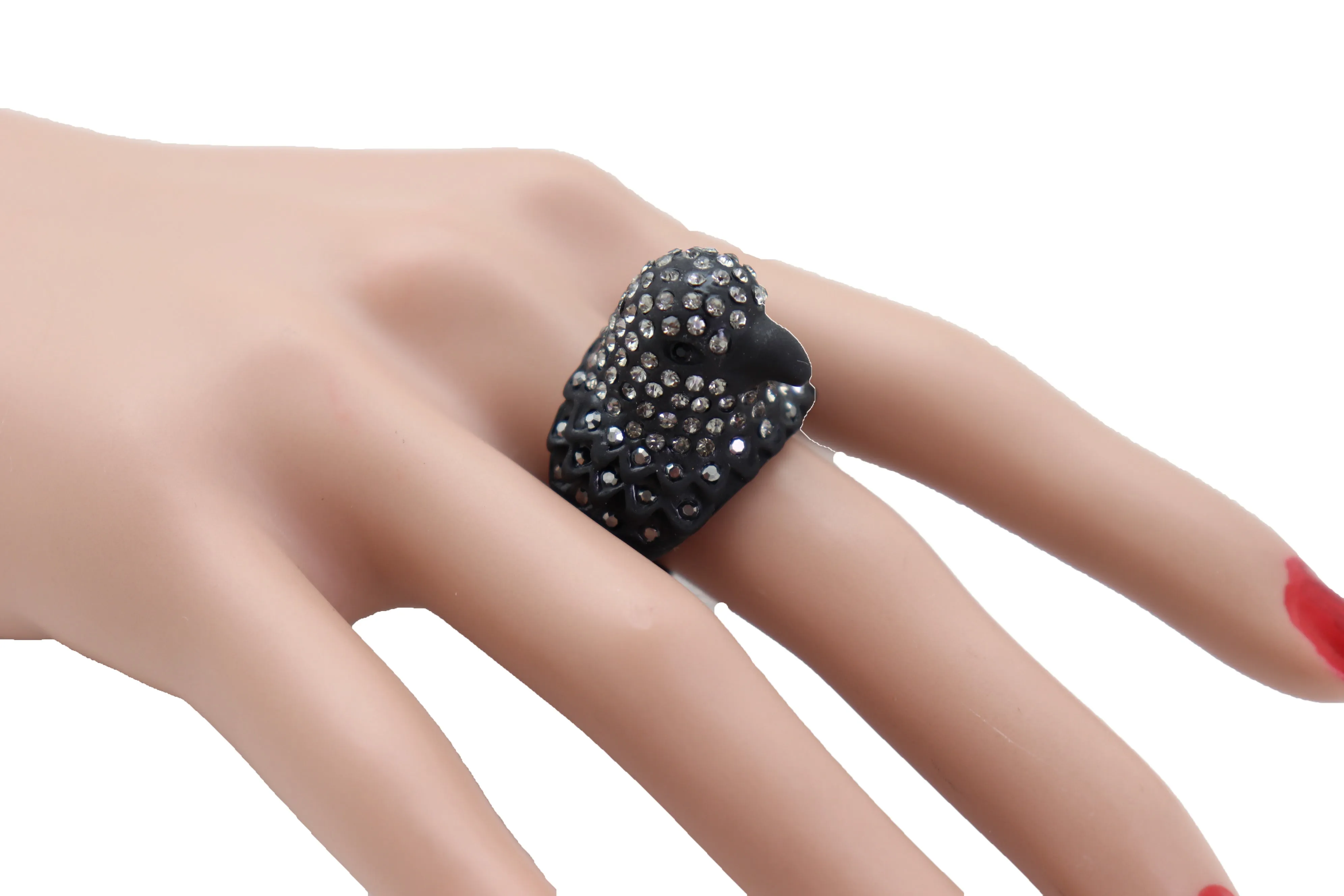 Black Color Metal Ring Bird Head Eagle Elastic Band Bling One Size Fits All