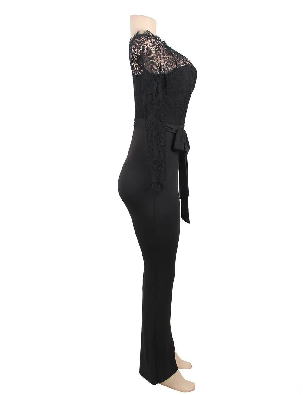 Black Falling Shoulder Lace Stitching Fashion Jumpsuit