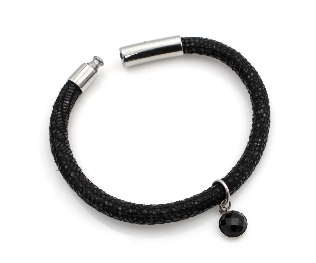 Black Onyx Gem Charm Leather Bracelet