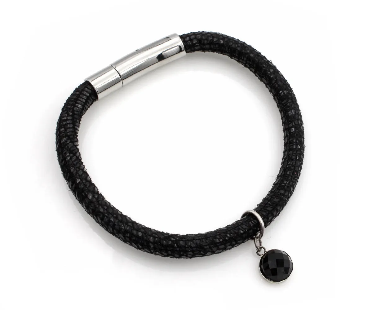 Black Onyx Gem Charm Leather Bracelet
