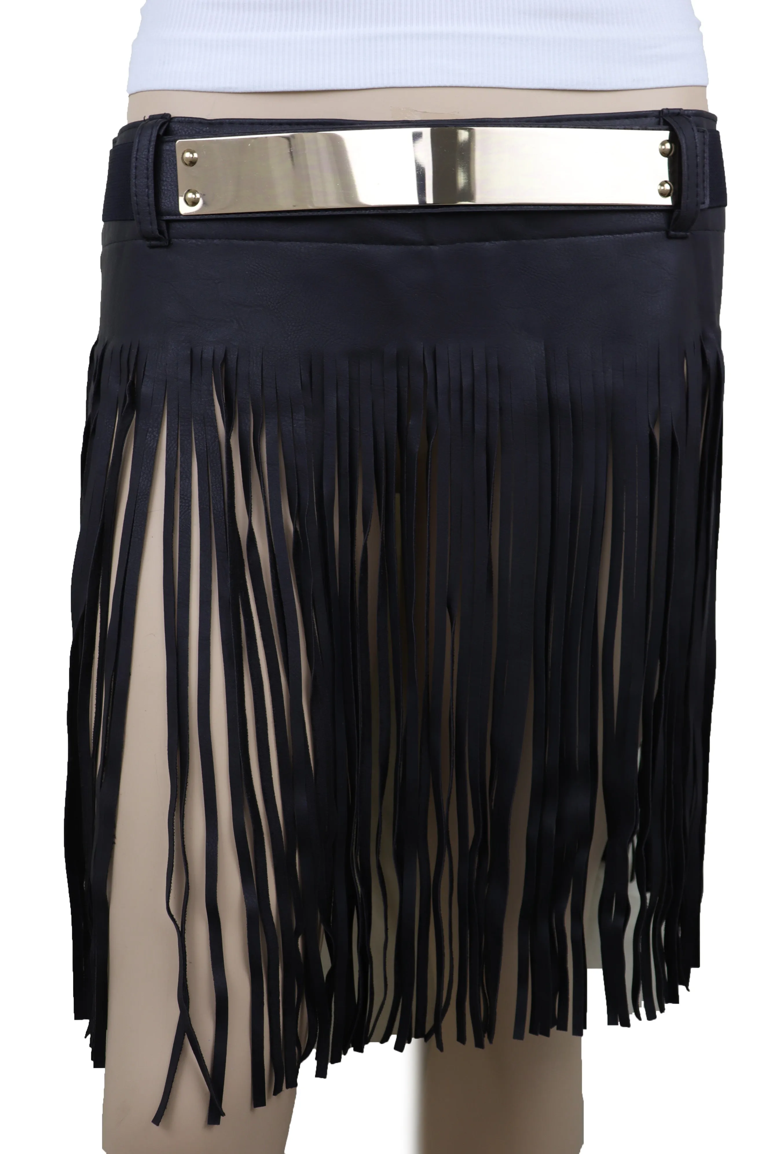 Black Wrap Around Long Skirt Faux Leather Fashion Belt Gold Metal Size S M