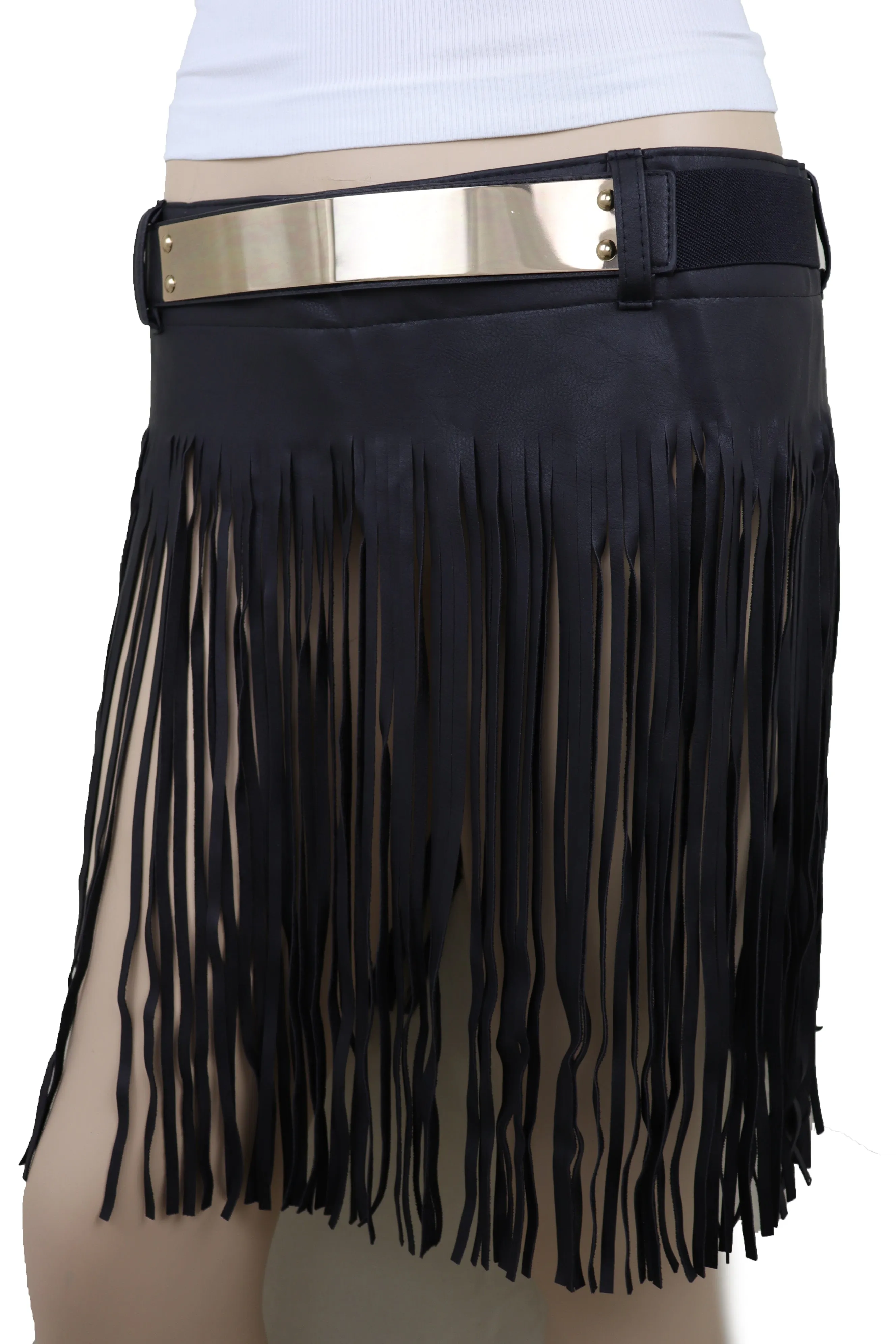 Black Wrap Around Long Skirt Faux Leather Fashion Belt Gold Metal Size S M