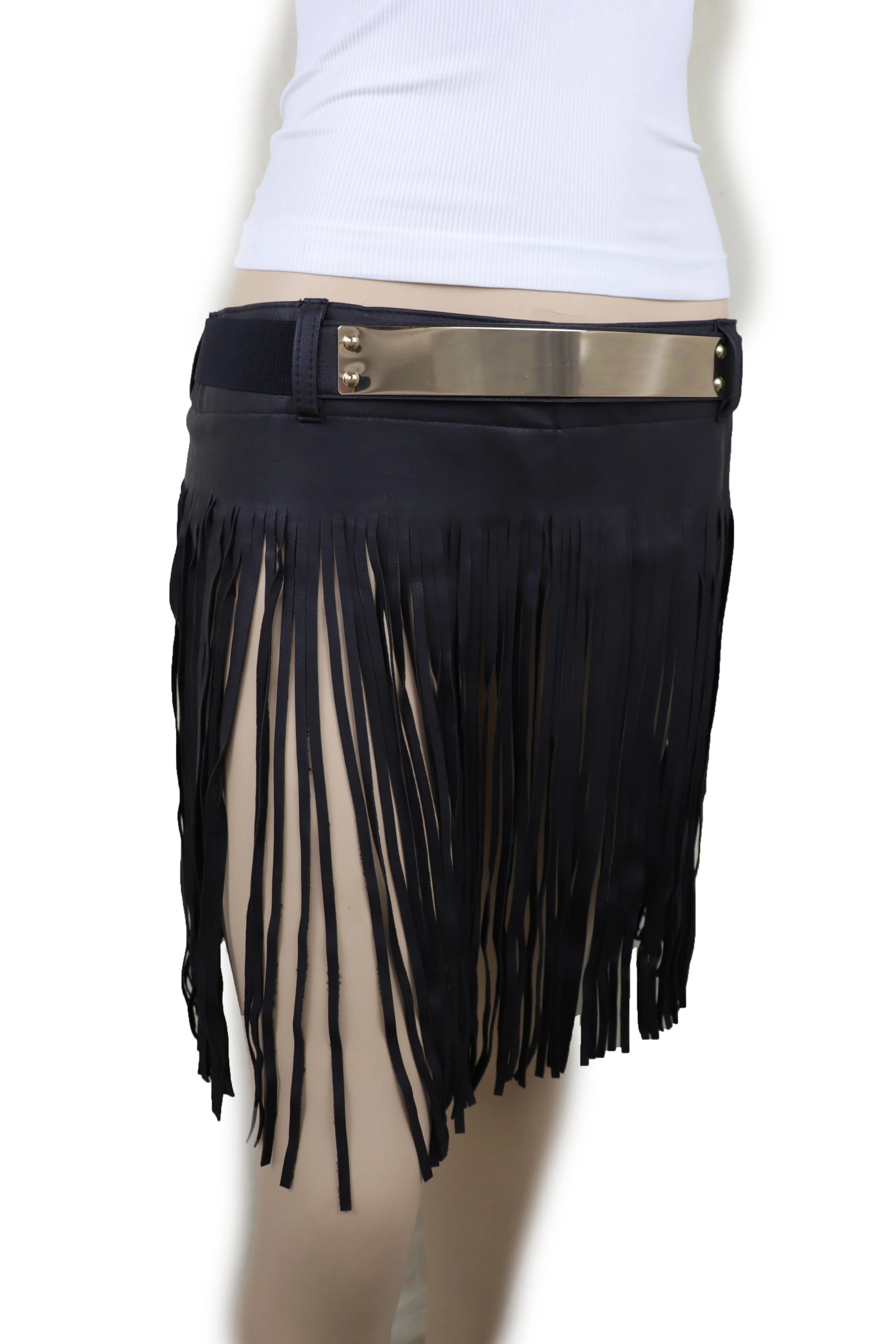 Black Wrap Around Long Skirt Faux Leather Fashion Belt Gold Metal Size S M