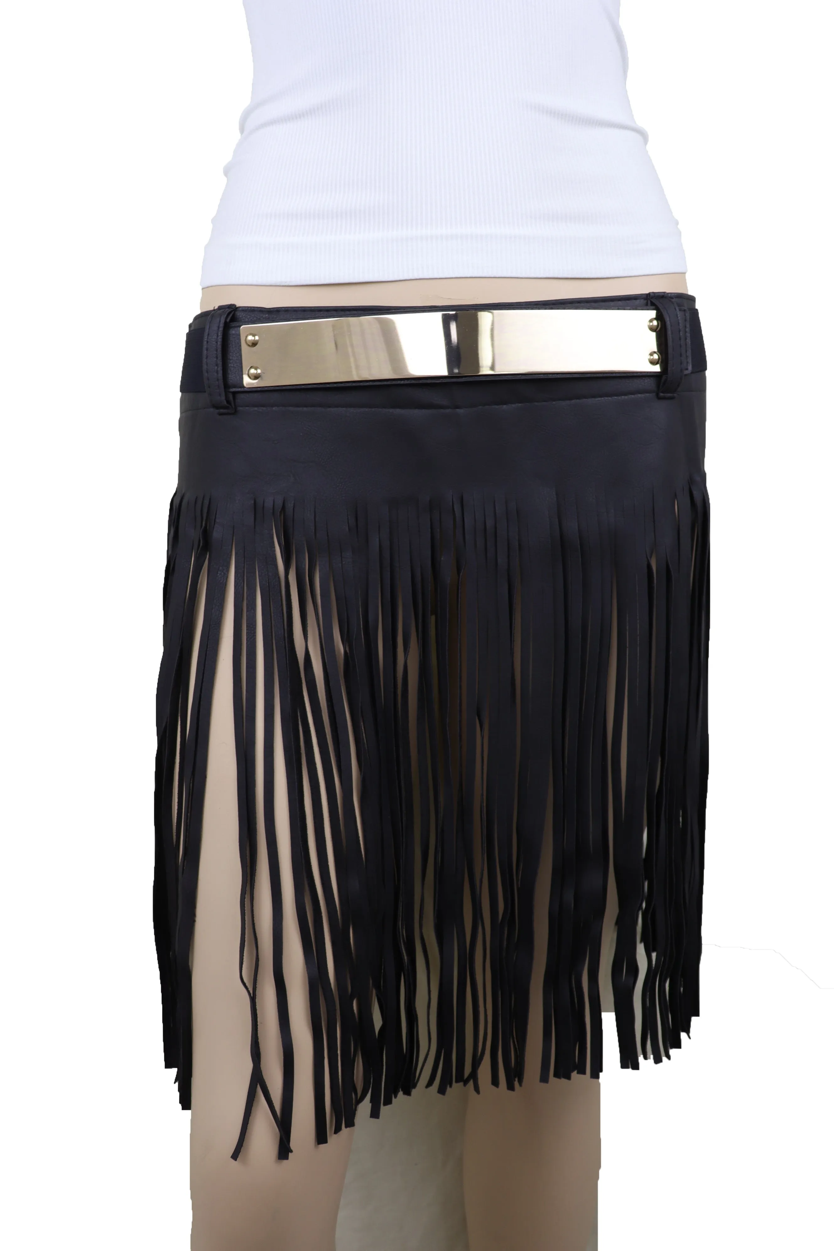 Black Wrap Around Long Skirt Faux Leather Fashion Belt Gold Metal Size S M