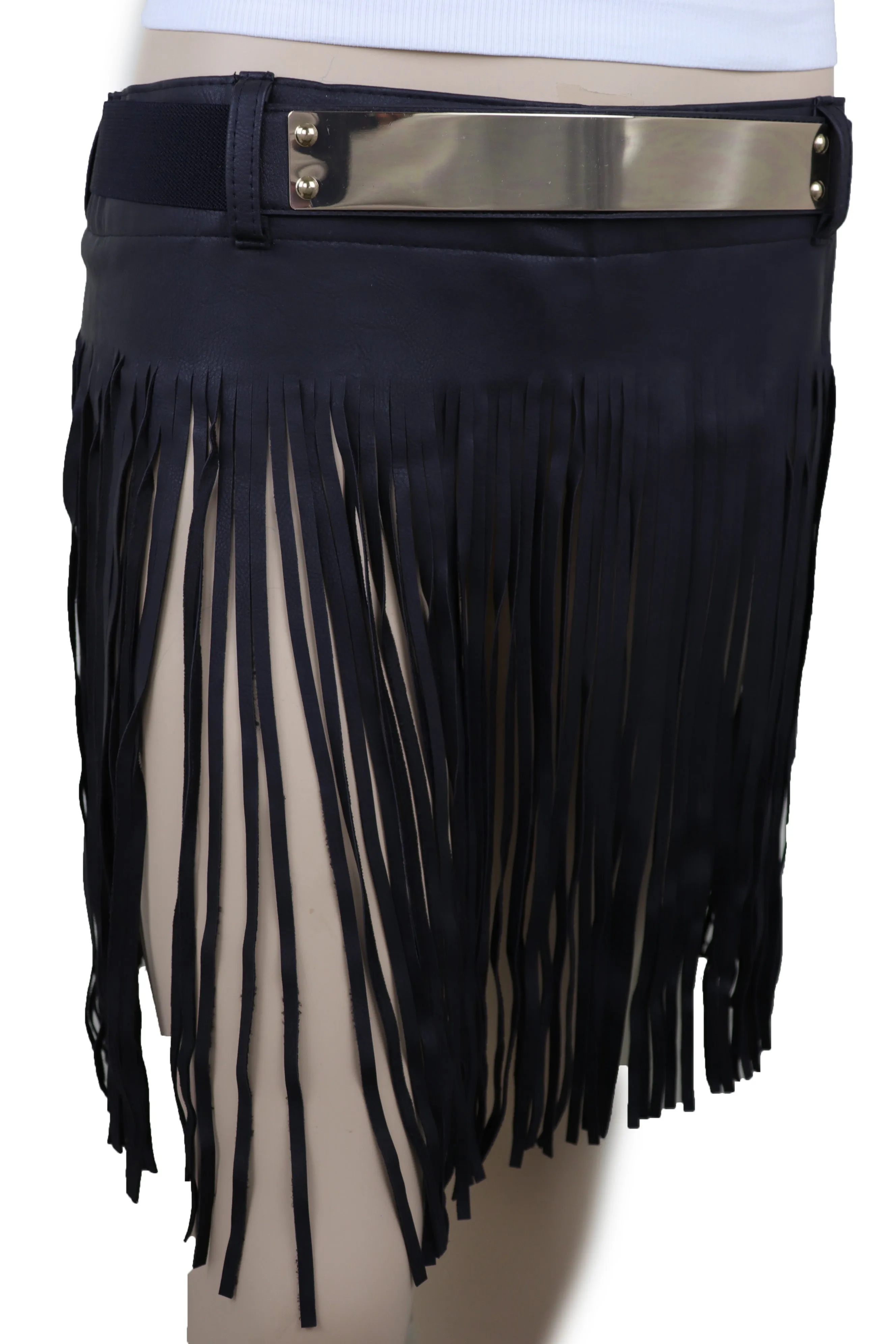 Black Wrap Around Long Skirt Faux Leather Fashion Belt Gold Metal Size S M