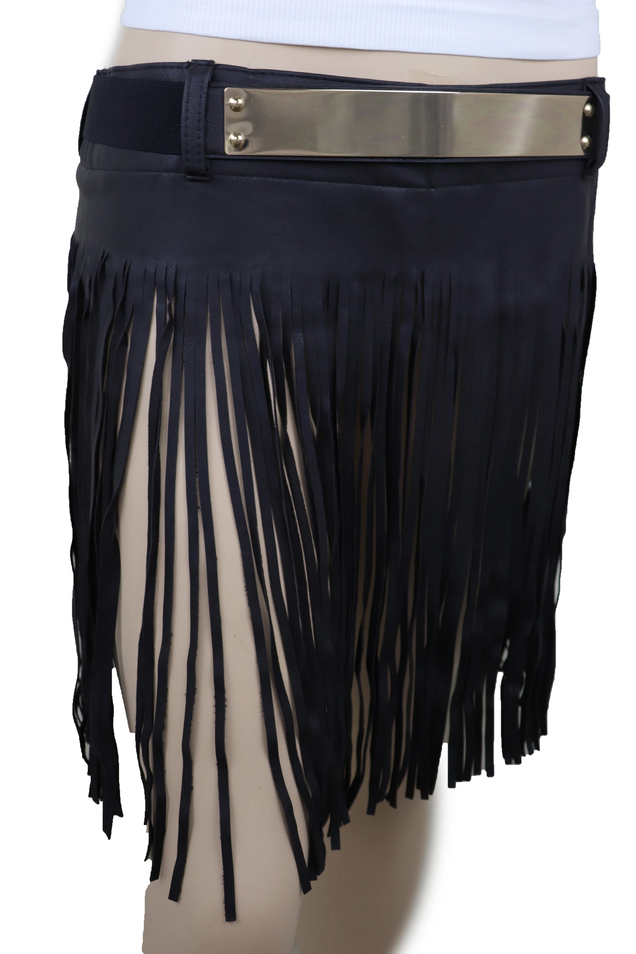 Black Wrap Around Long Skirt Faux Leather Fashion Belt Gold Metal Size S M