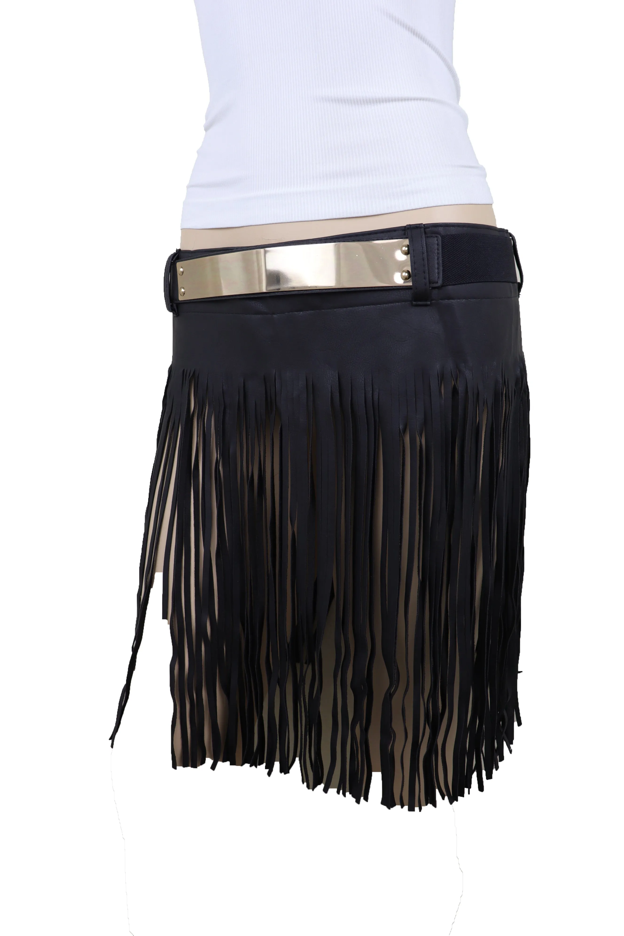 Black Wrap Around Long Skirt Faux Leather Fashion Belt Gold Metal Size S M
