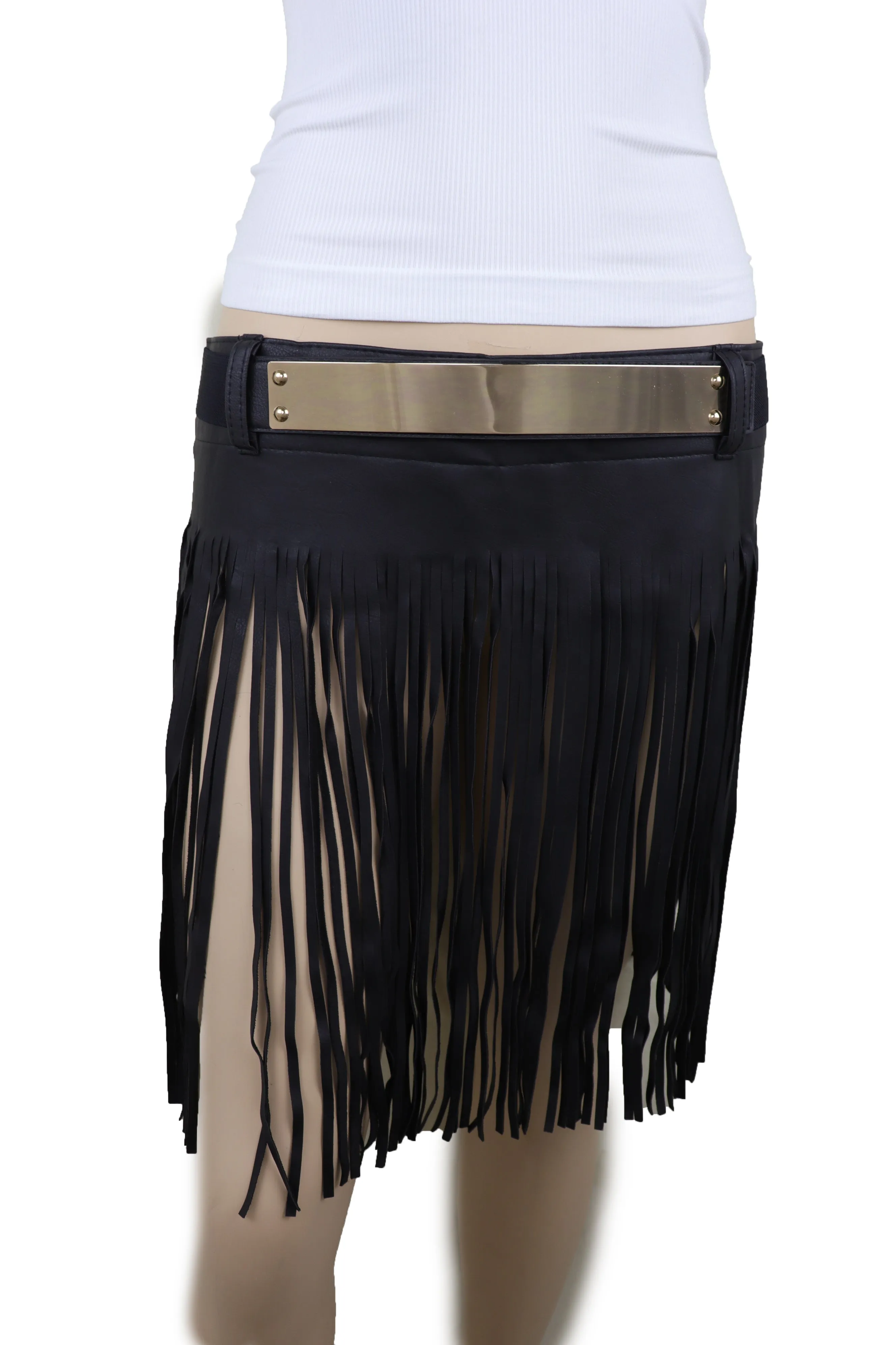Black Wrap Around Long Skirt Faux Leather Fashion Belt Gold Metal Size S M
