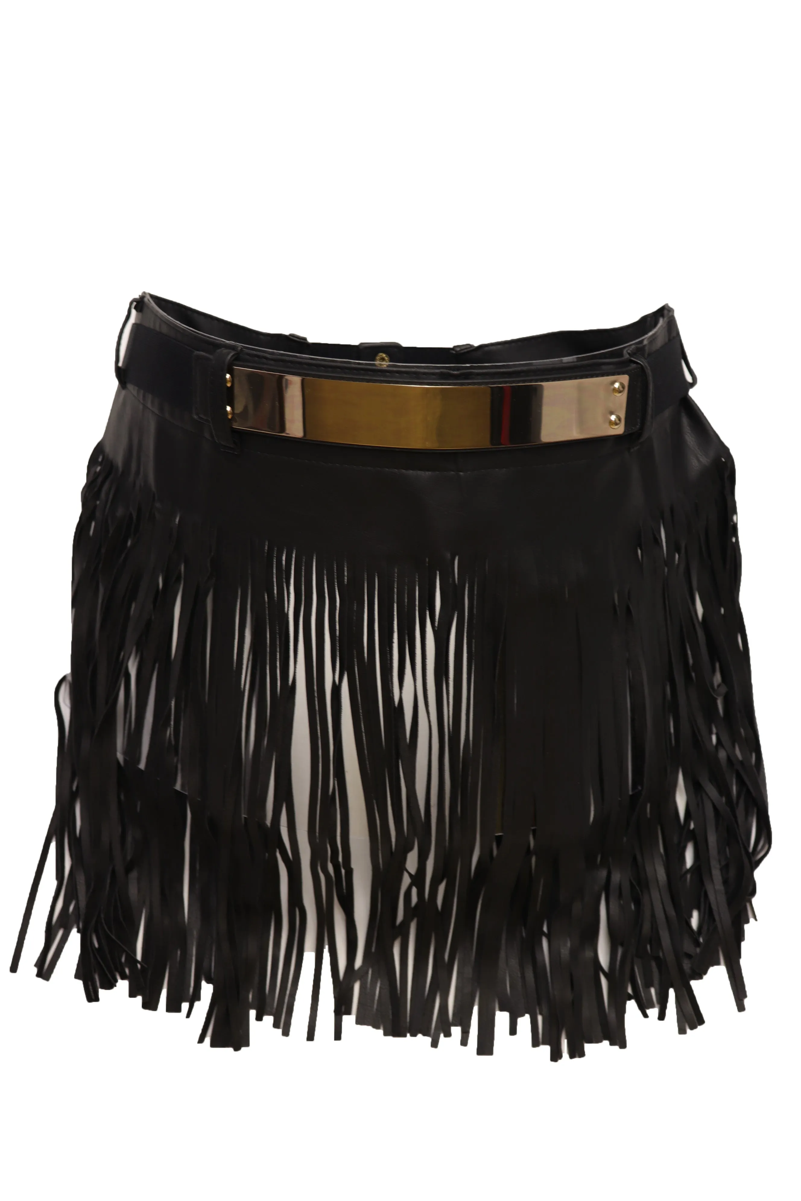 Black Wrap Around Long Skirt Faux Leather Fashion Belt Gold Metal Size S M