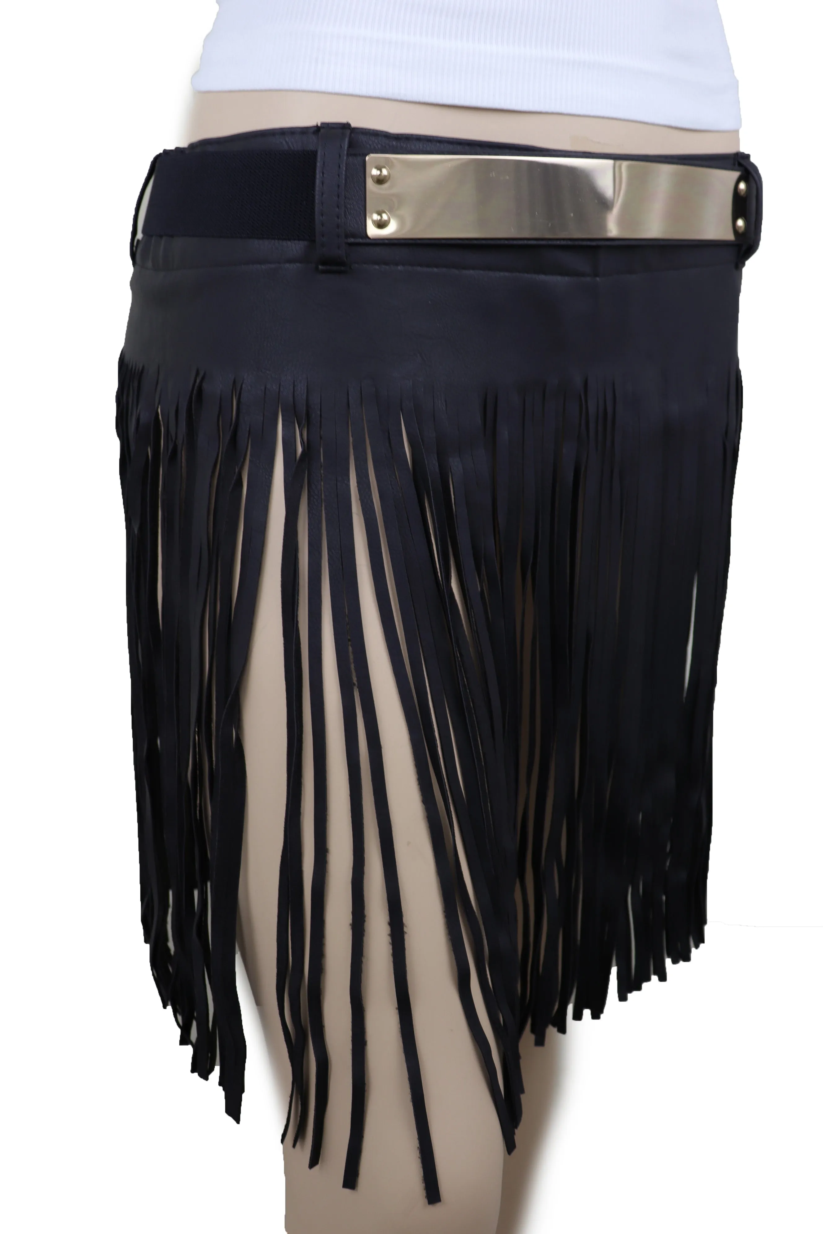 Black Wrap Around Long Skirt Faux Leather Fashion Belt Gold Metal Size S M