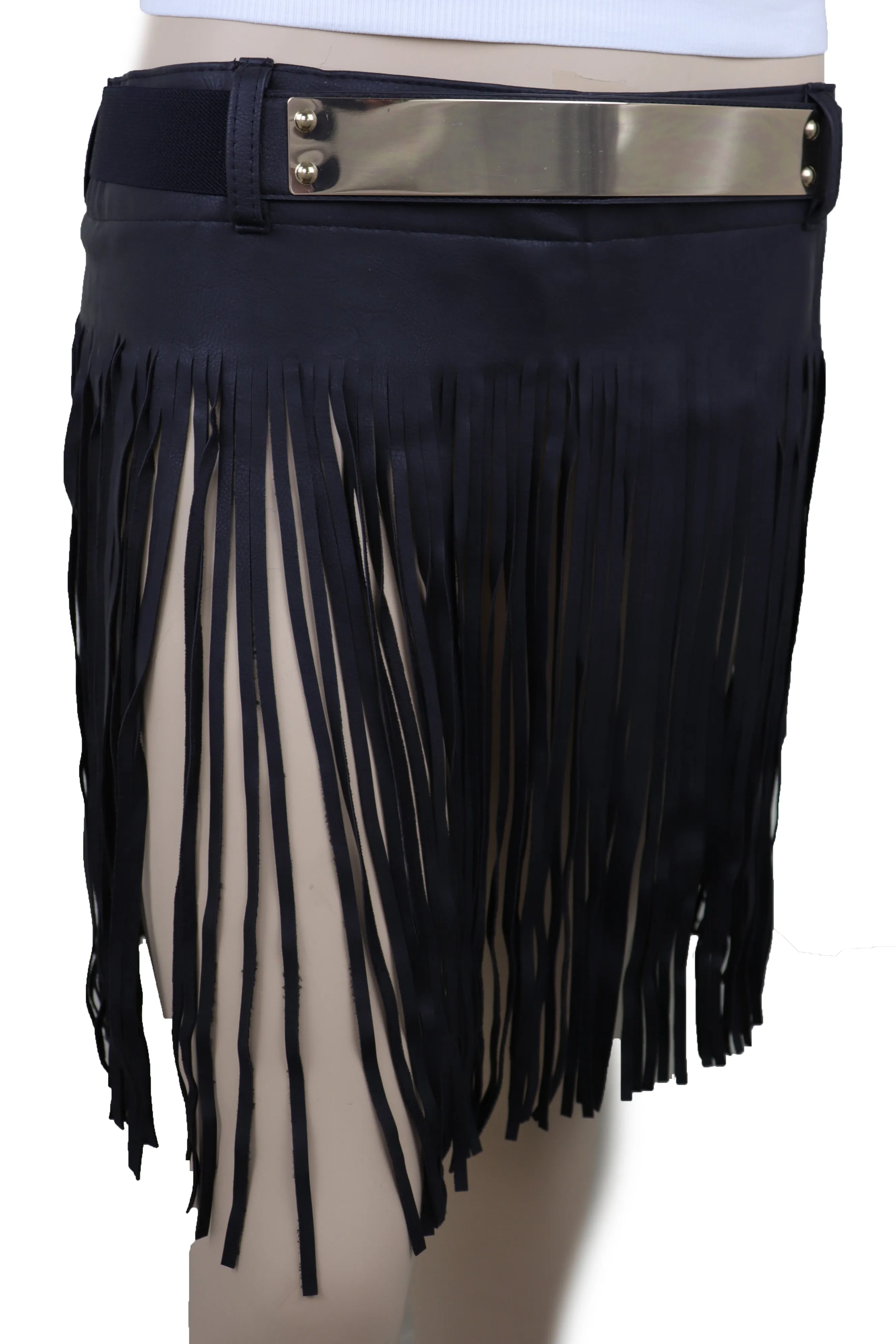 Black Wrap Around Long Skirt Faux Leather Fashion Belt Gold Metal Size S M
