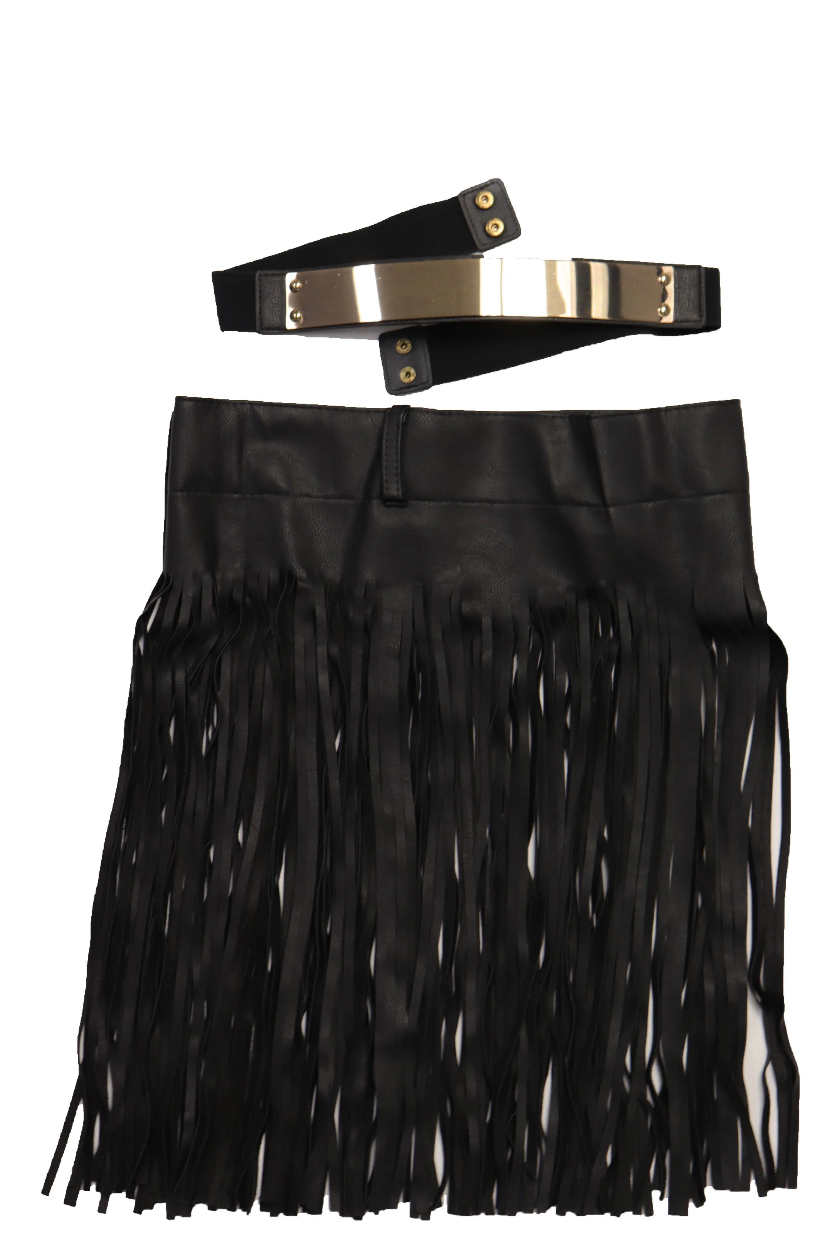 Black Wrap Around Long Skirt Faux Leather Fashion Belt Gold Metal Size S M