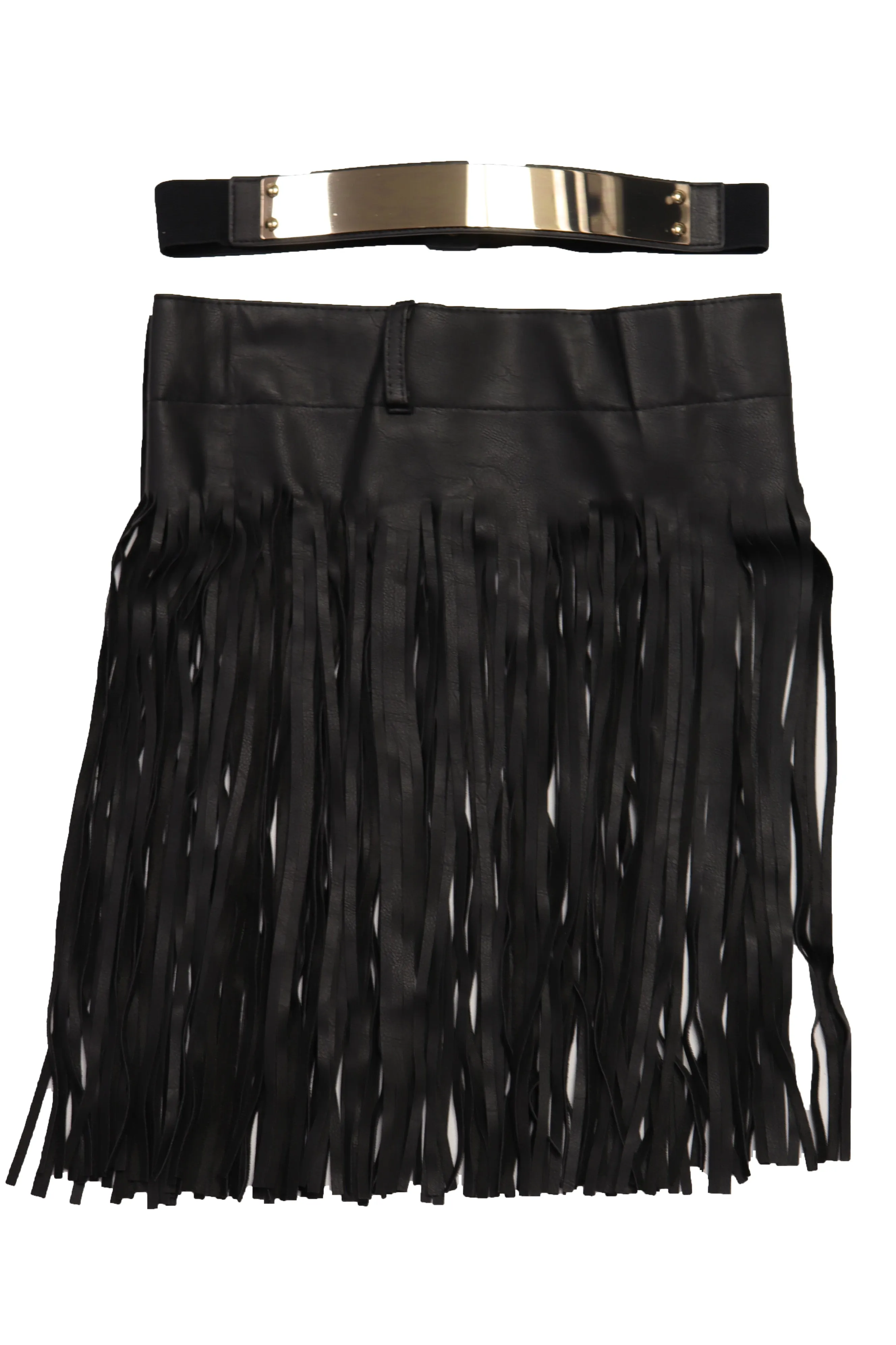 Black Wrap Around Long Skirt Faux Leather Fashion Belt Gold Metal Size S M