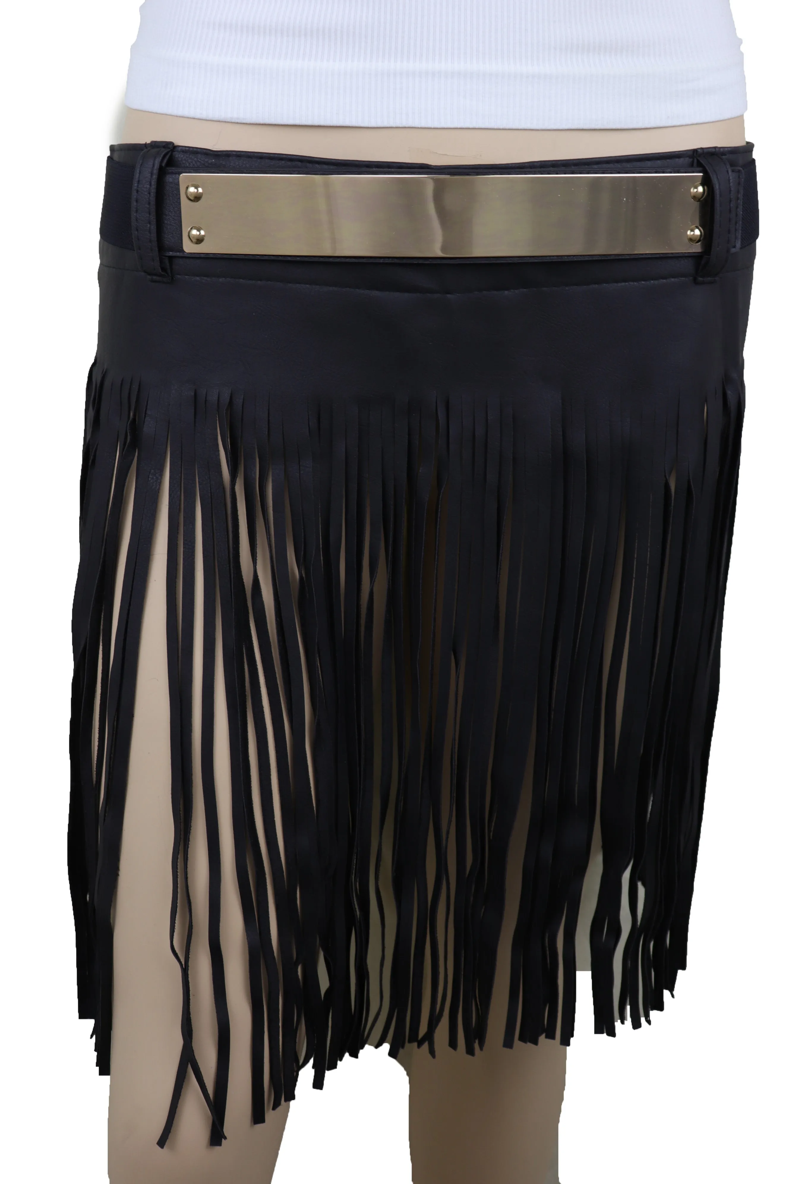 Black Wrap Around Long Skirt Faux Leather Fashion Belt Gold Metal Size S M