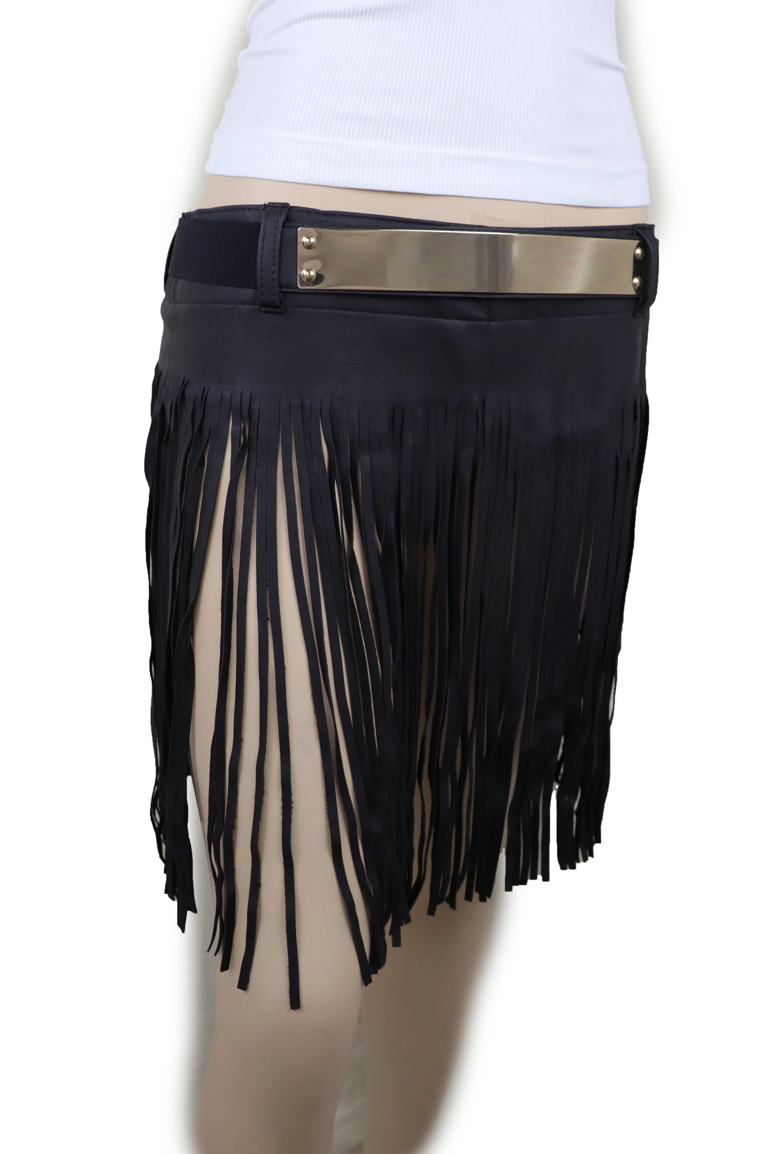 Black Wrap Around Long Skirt Faux Leather Fashion Belt Gold Metal Size S M