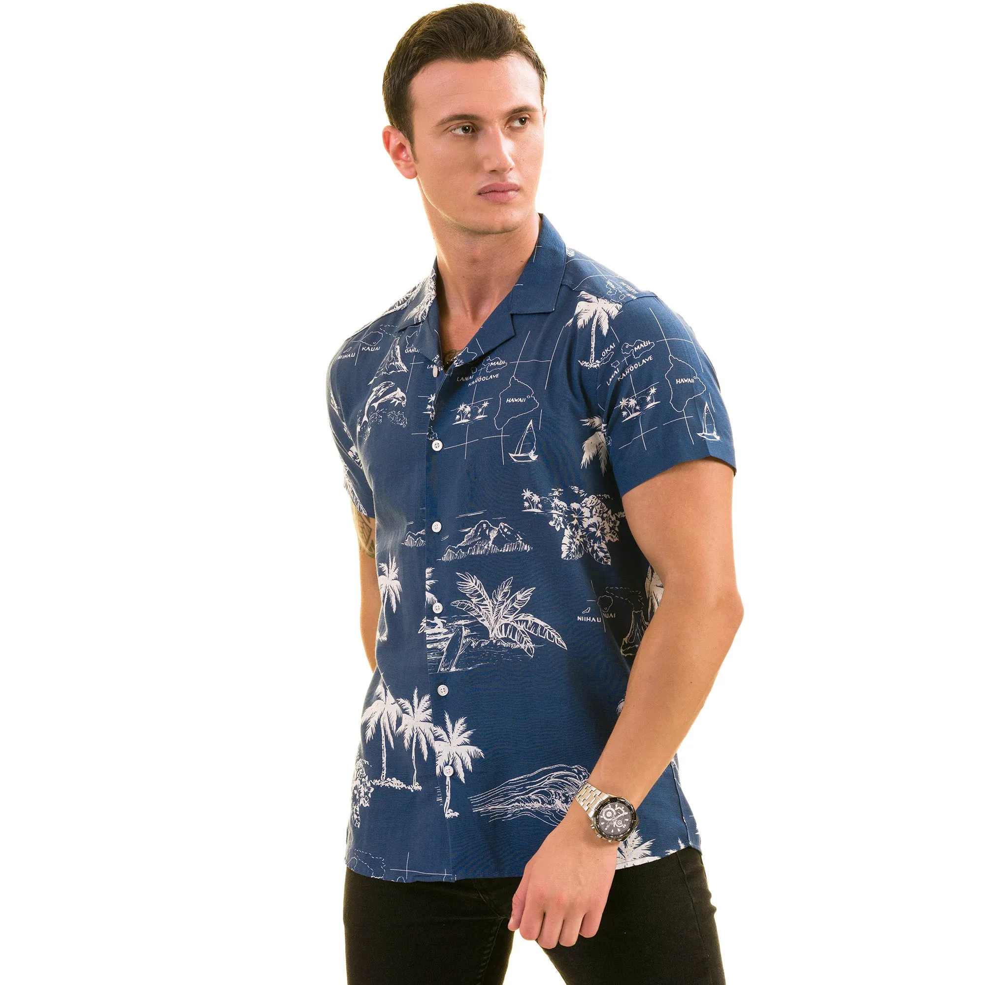 Blue Printed on White European Made & Designed Hawaiian Summer Shirts For Men