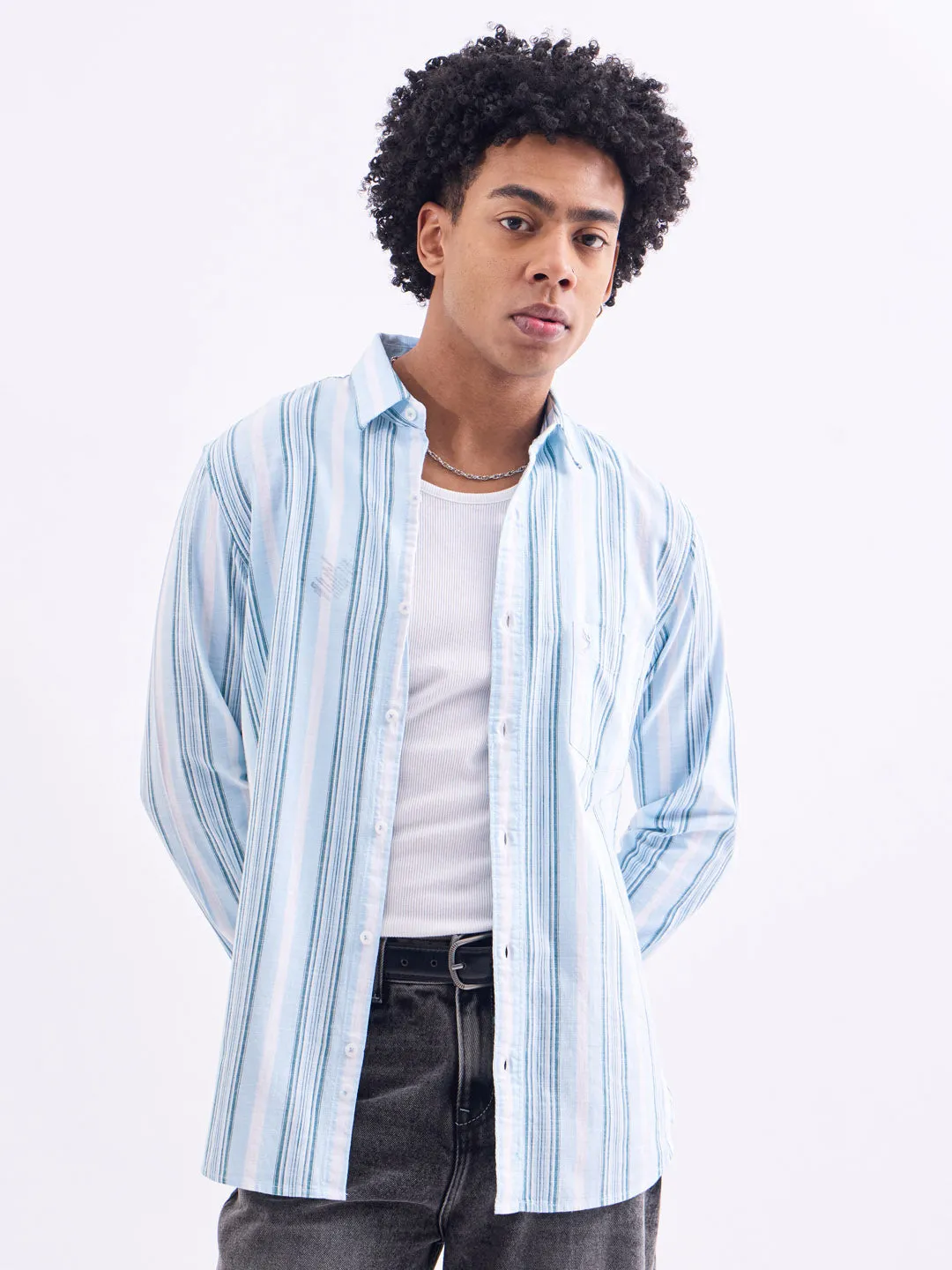 Blue Striped Slim Fit Casual Shirt