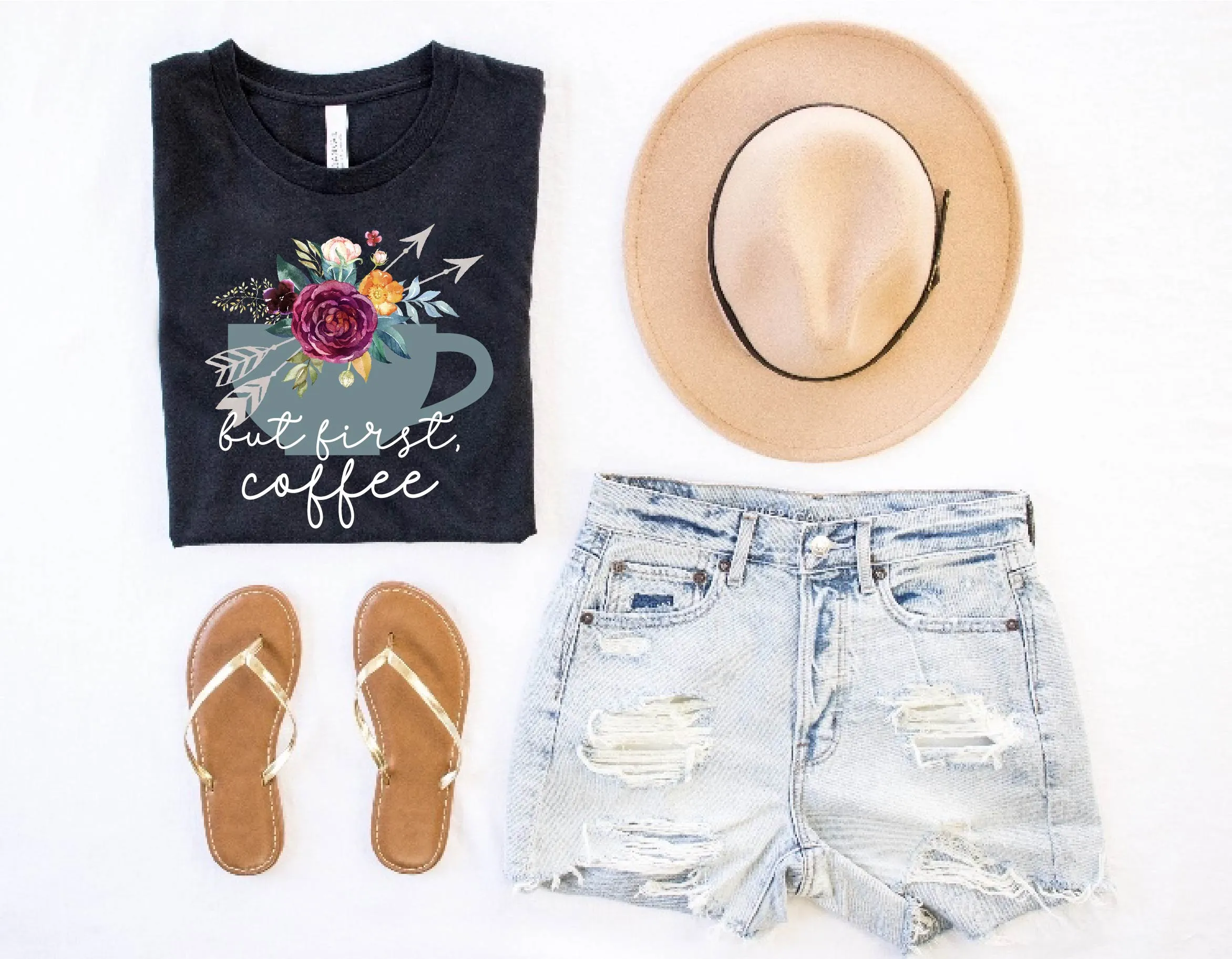 But First Coffee Floral Mug Shirt | Unisex Crew
