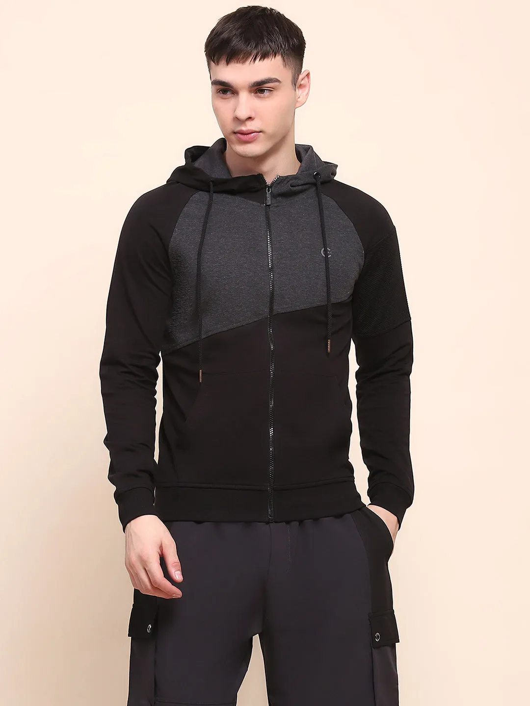 Camla Barcelona Cotton Color Blocked Black Zipper Sweatshirt
