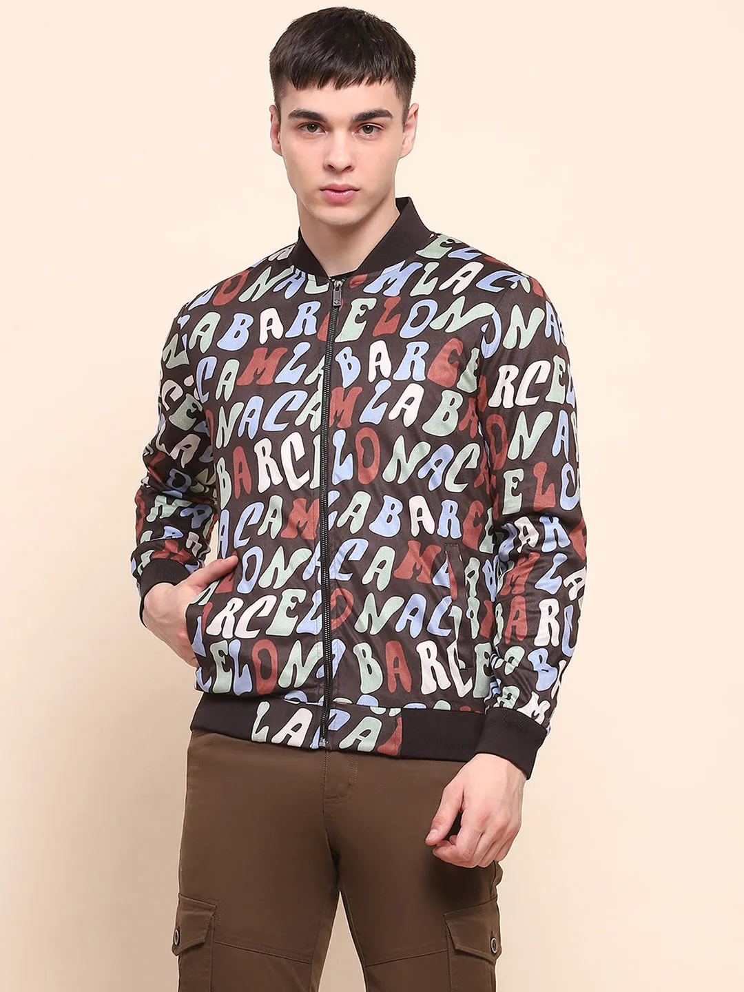 Camla Barcelona Typography Printed Multicolor Varsity Jacket
