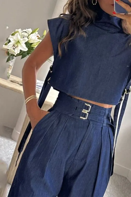 Casual Belt Decorative High-neck Short-Sleeved Suit