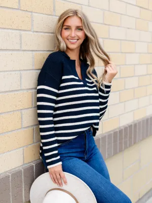 Chunky Ribbed Stripe V-Neck Sweater