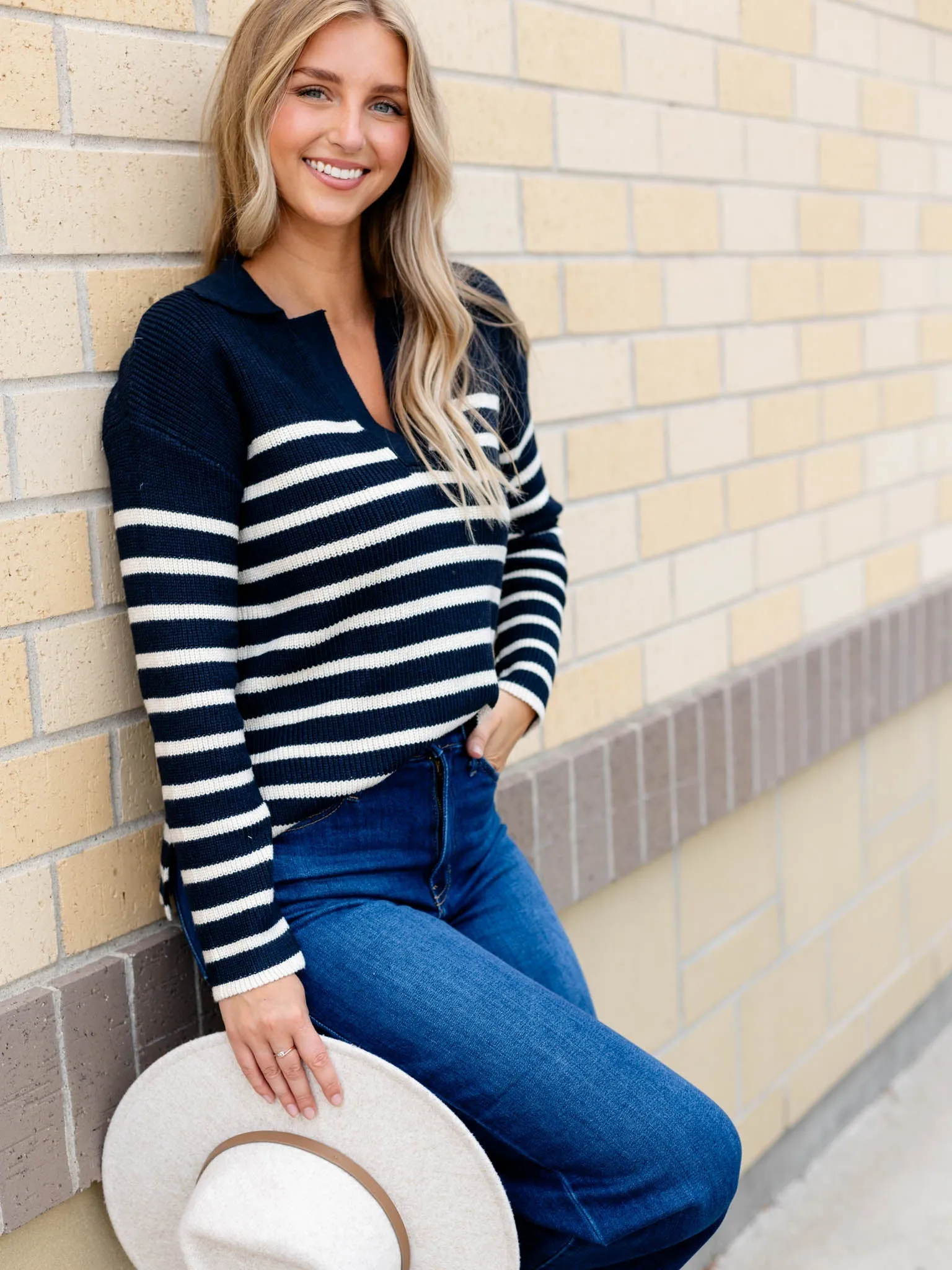 Chunky Ribbed Stripe V-Neck Sweater