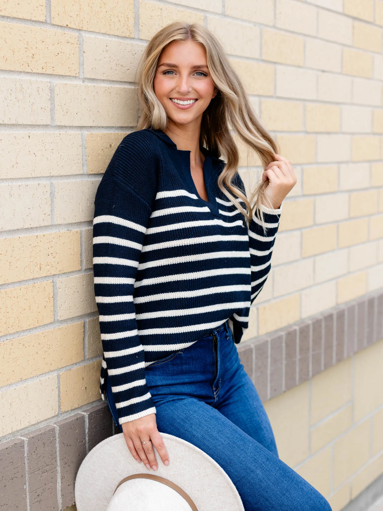 Chunky Ribbed Stripe V-Neck Sweater