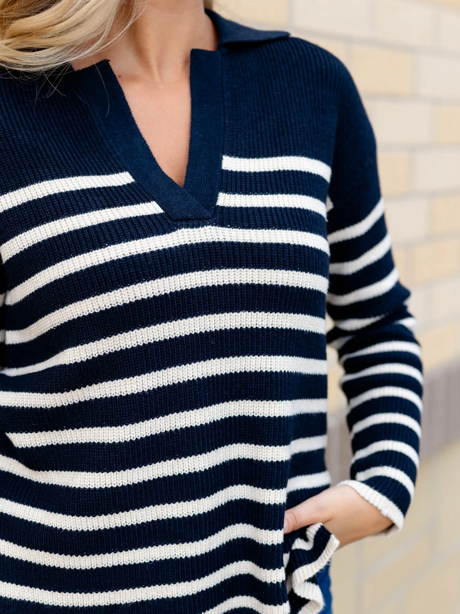Chunky Ribbed Stripe V-Neck Sweater