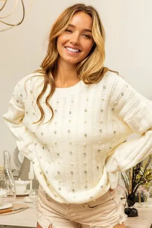 Clarissa Pearl & Rhinestone Decor Long Sleeve Sweater