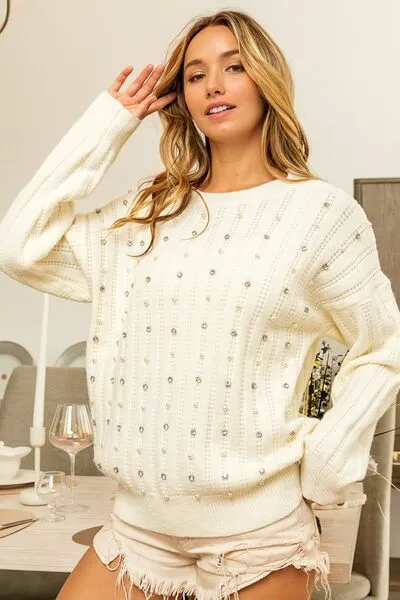 Clarissa Pearl & Rhinestone Decor Long Sleeve Sweater
