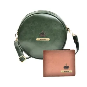 Classy Leather Customized Chained Sling Bag Round   Men's Wallet - Green Tan
