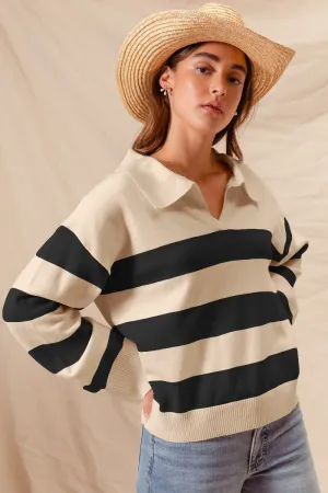 Clementine Wide Stripe Polo Sweater - Black