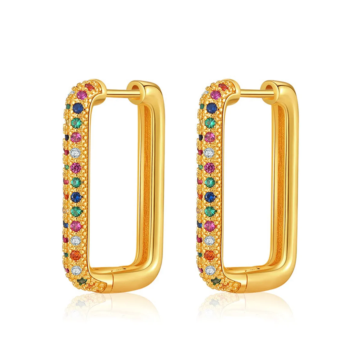 Colored Cubic Zirconia & 18K Gold-Plated Rectangle Huggie Earring
