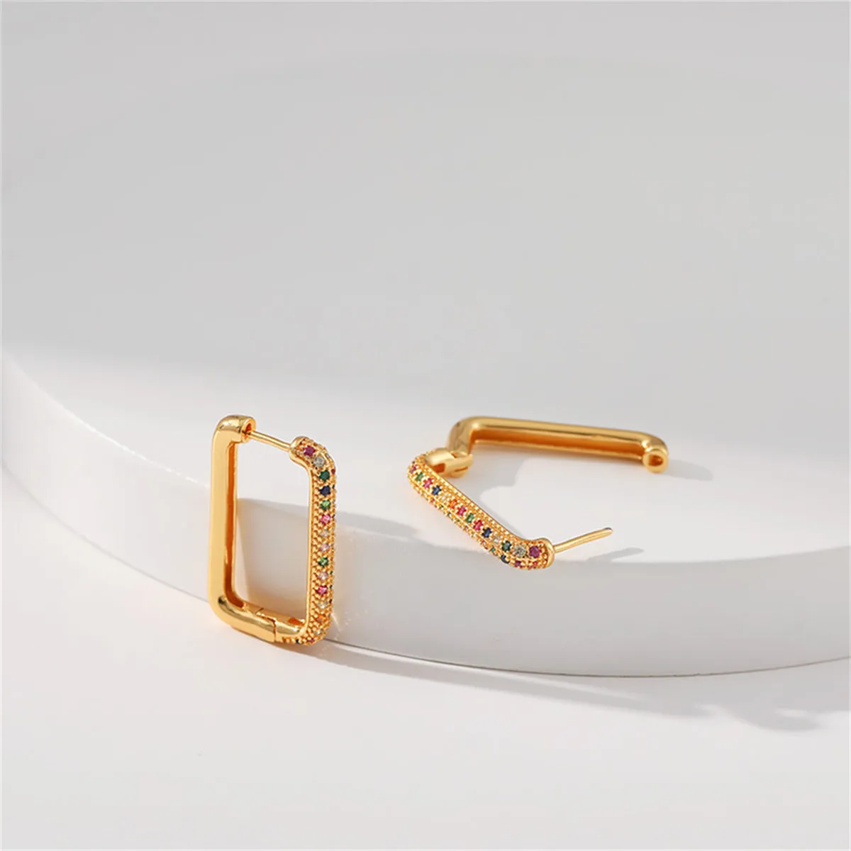 Colored Cubic Zirconia & 18K Gold-Plated Rectangle Huggie Earring