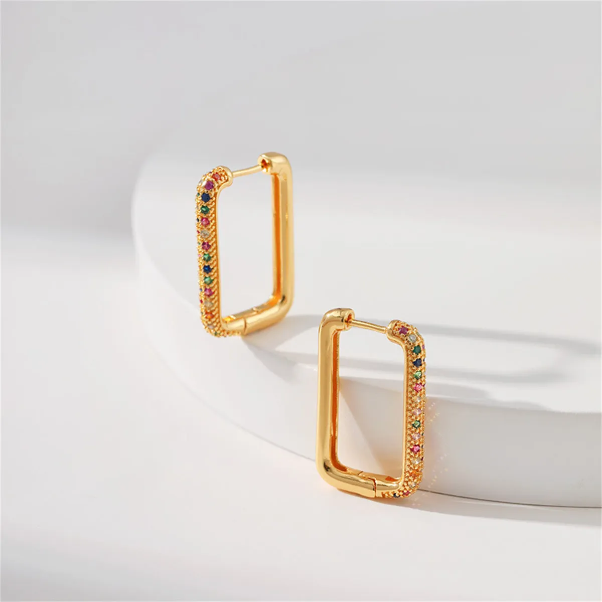 Colored Cubic Zirconia & 18K Gold-Plated Rectangle Huggie Earring