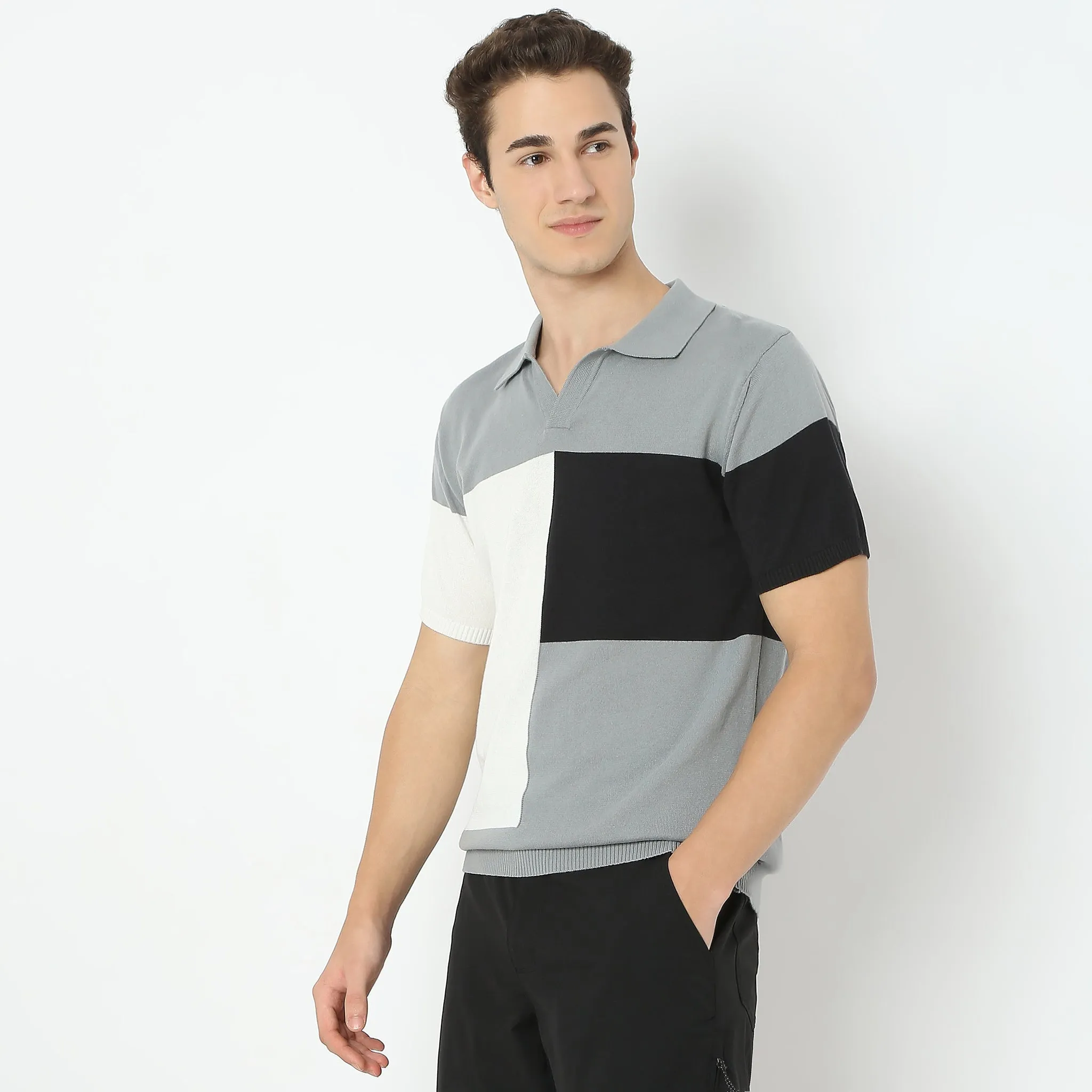 Colour Block Hand Knit Jersey Polo T-Shirt