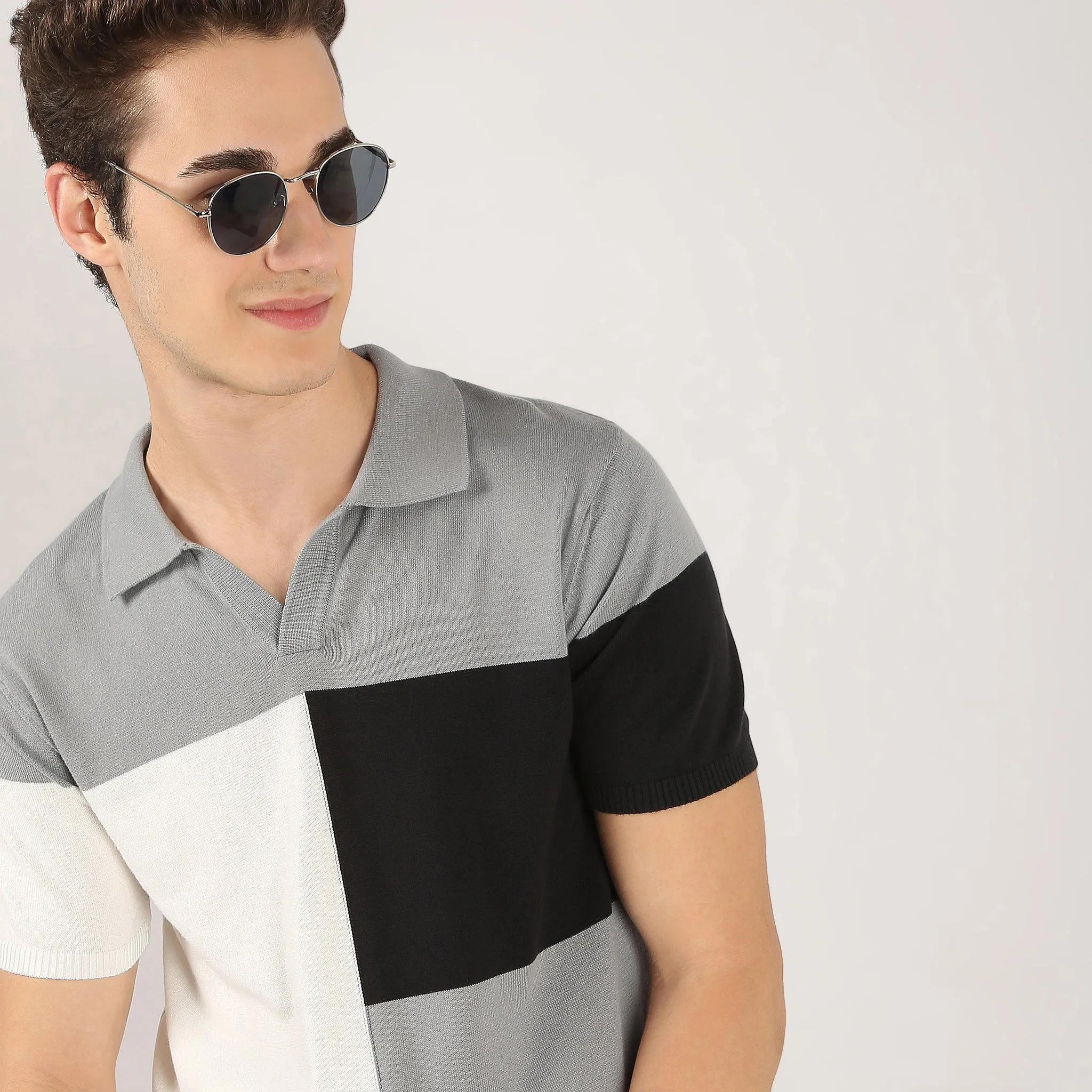 Colour Block Hand Knit Jersey Polo T-Shirt