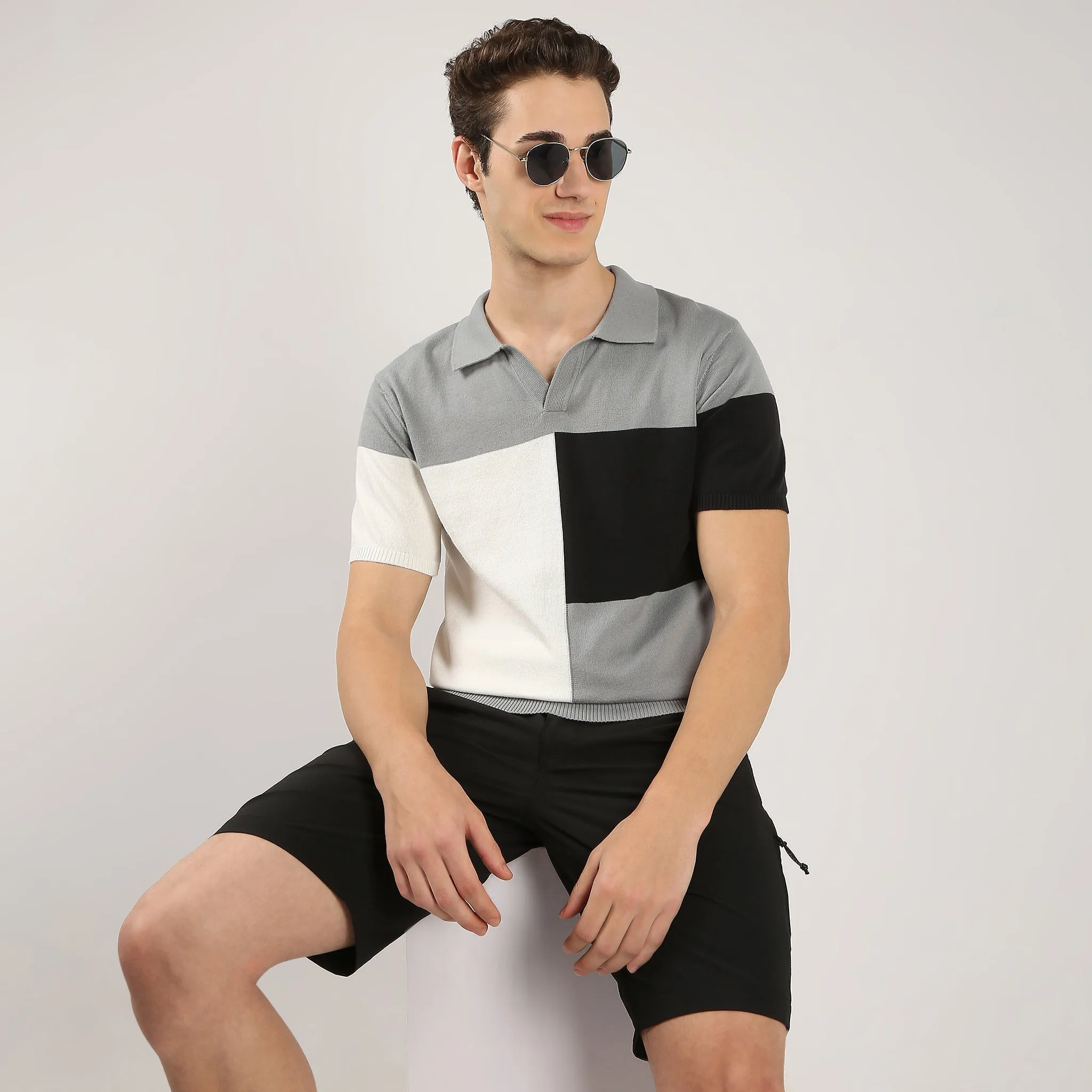 Colour Block Hand Knit Jersey Polo T-Shirt