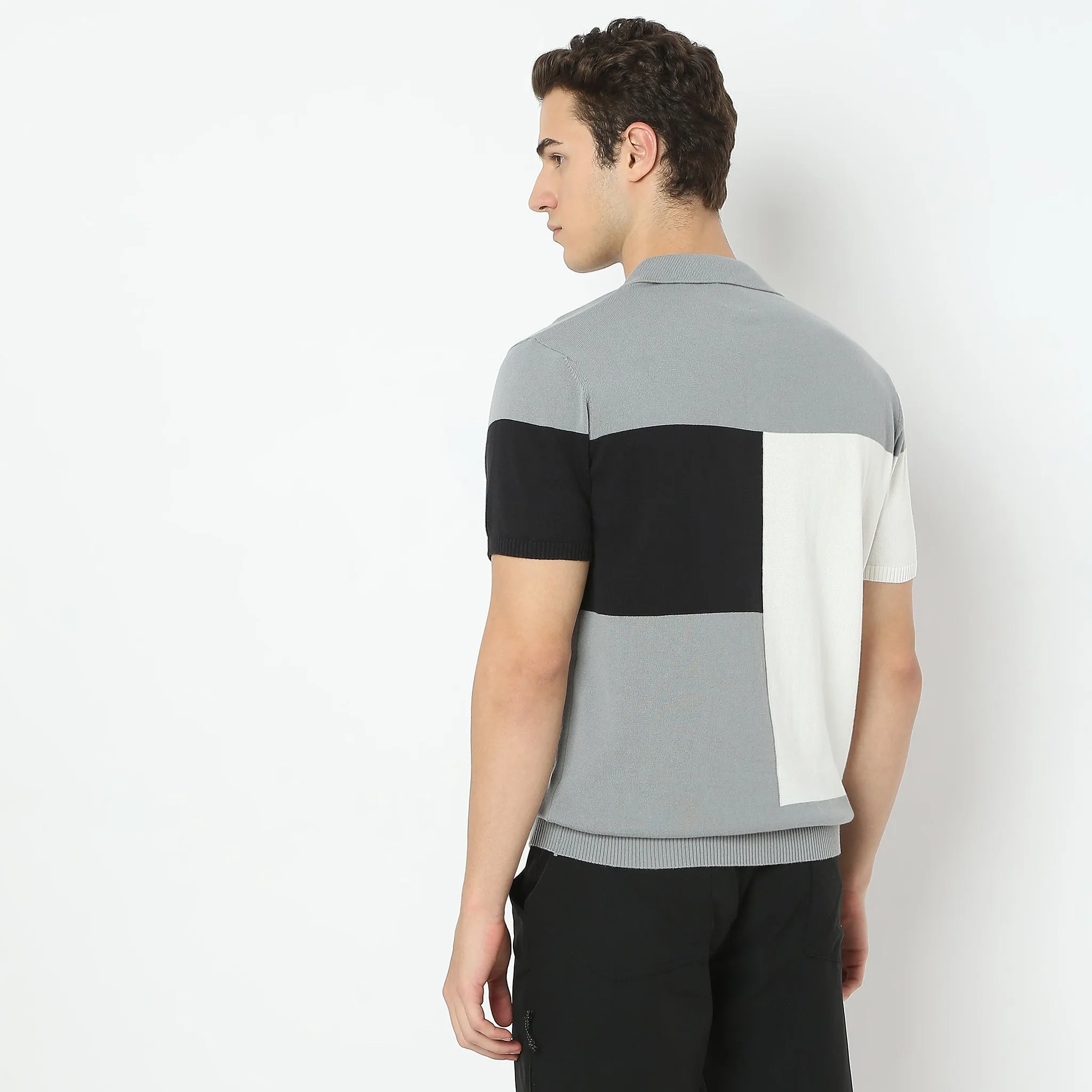 Colour Block Hand Knit Jersey Polo T-Shirt