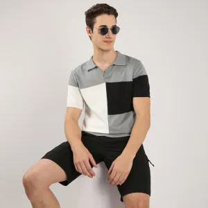 Colour Block Hand Knit Jersey Polo T-Shirt
