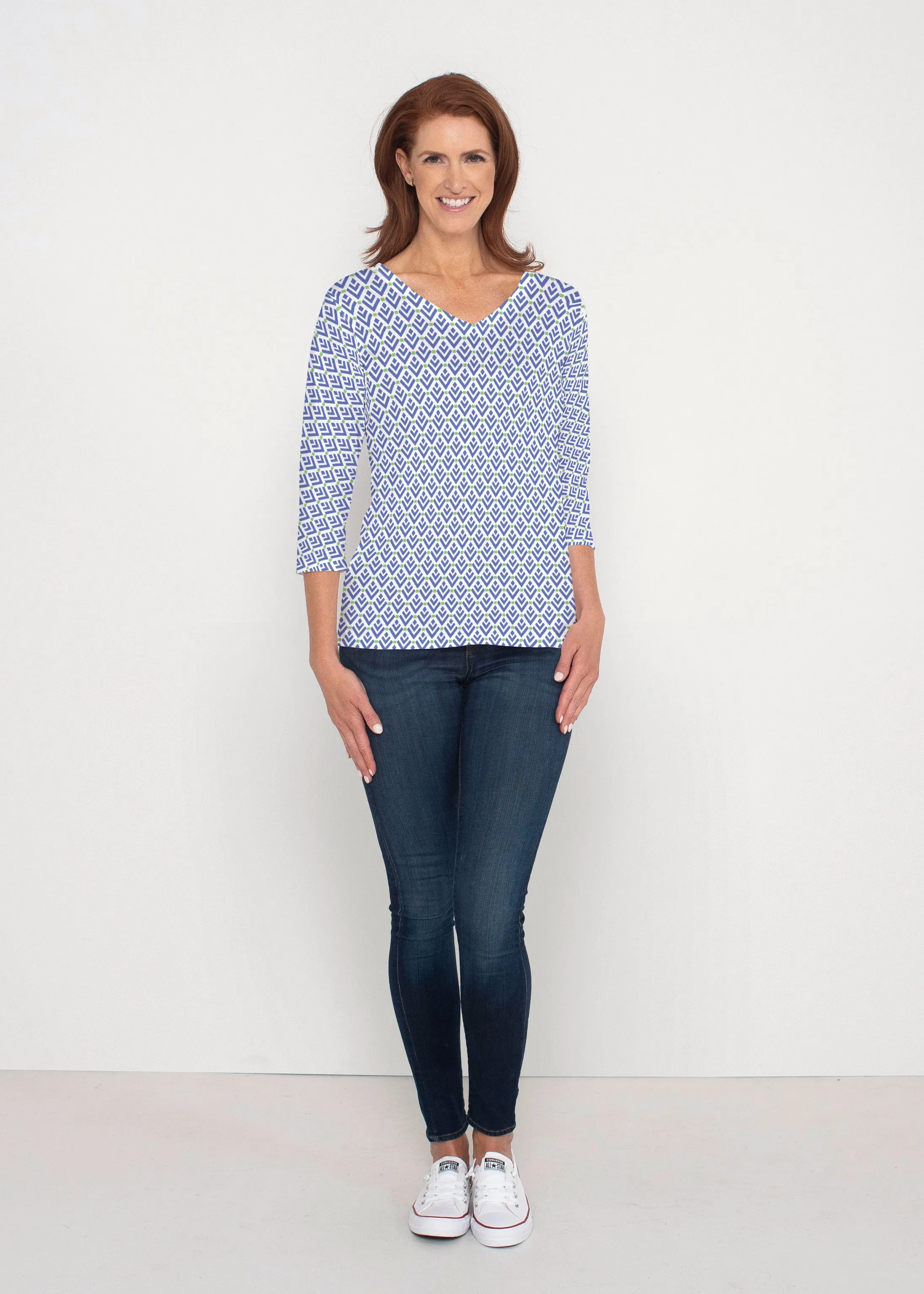 Cosmo Geo (13568) ~ Signature 3/4 Sleeve V-Neck Top