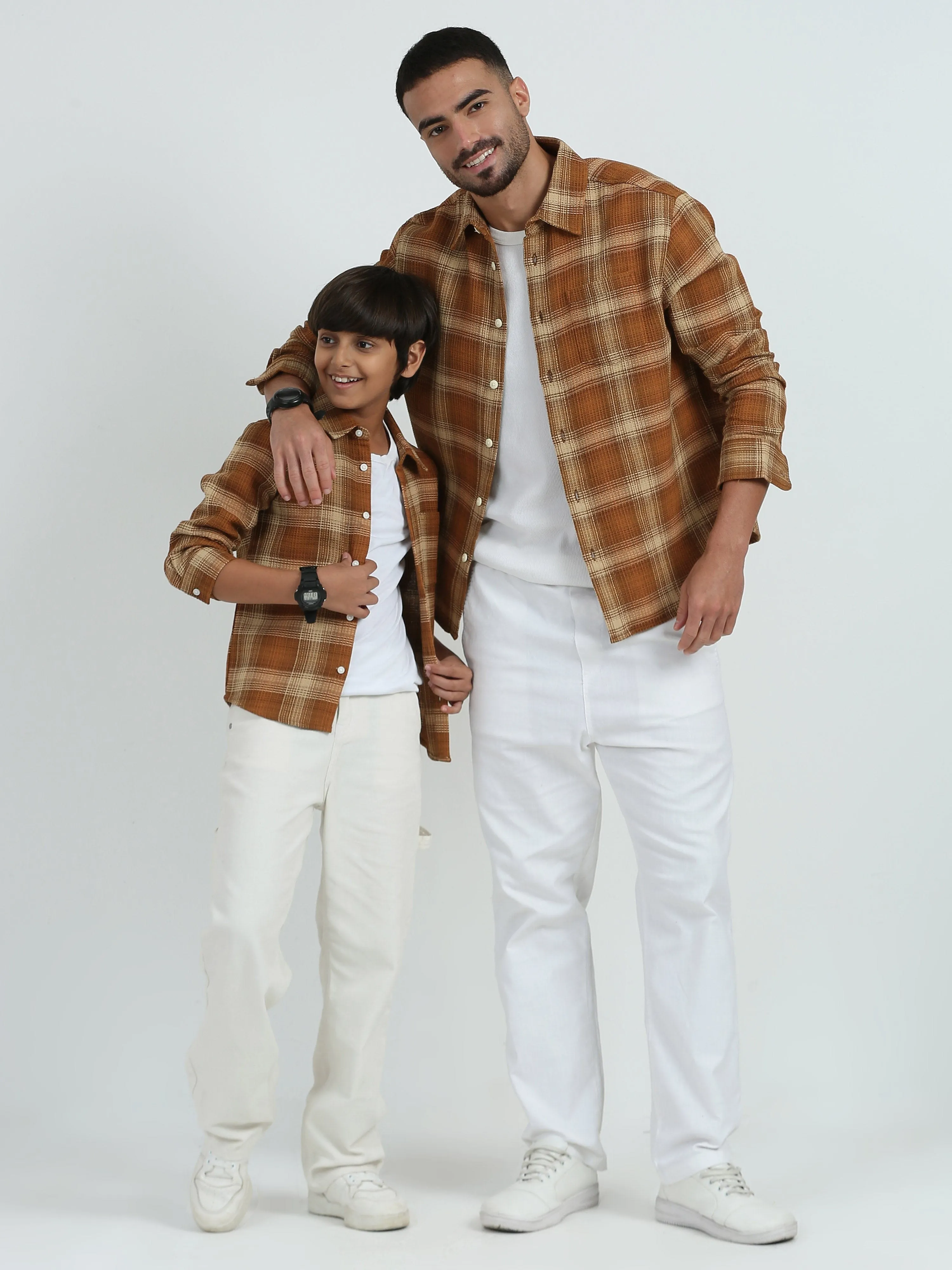 Dad & Son Textured Checkered Twinning Shirt Burnt Orange