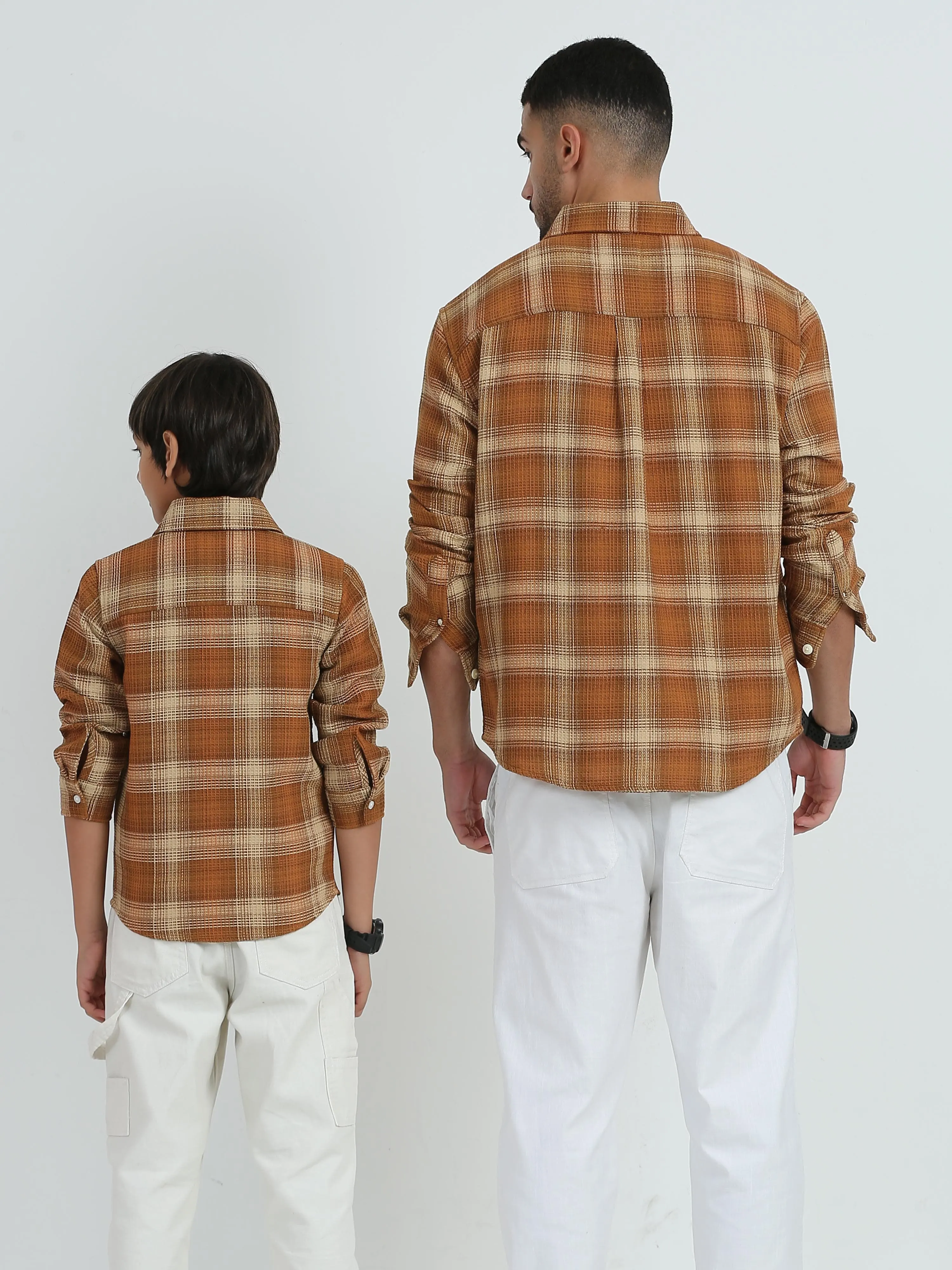 Dad & Son Textured Checkered Twinning Shirt Burnt Orange